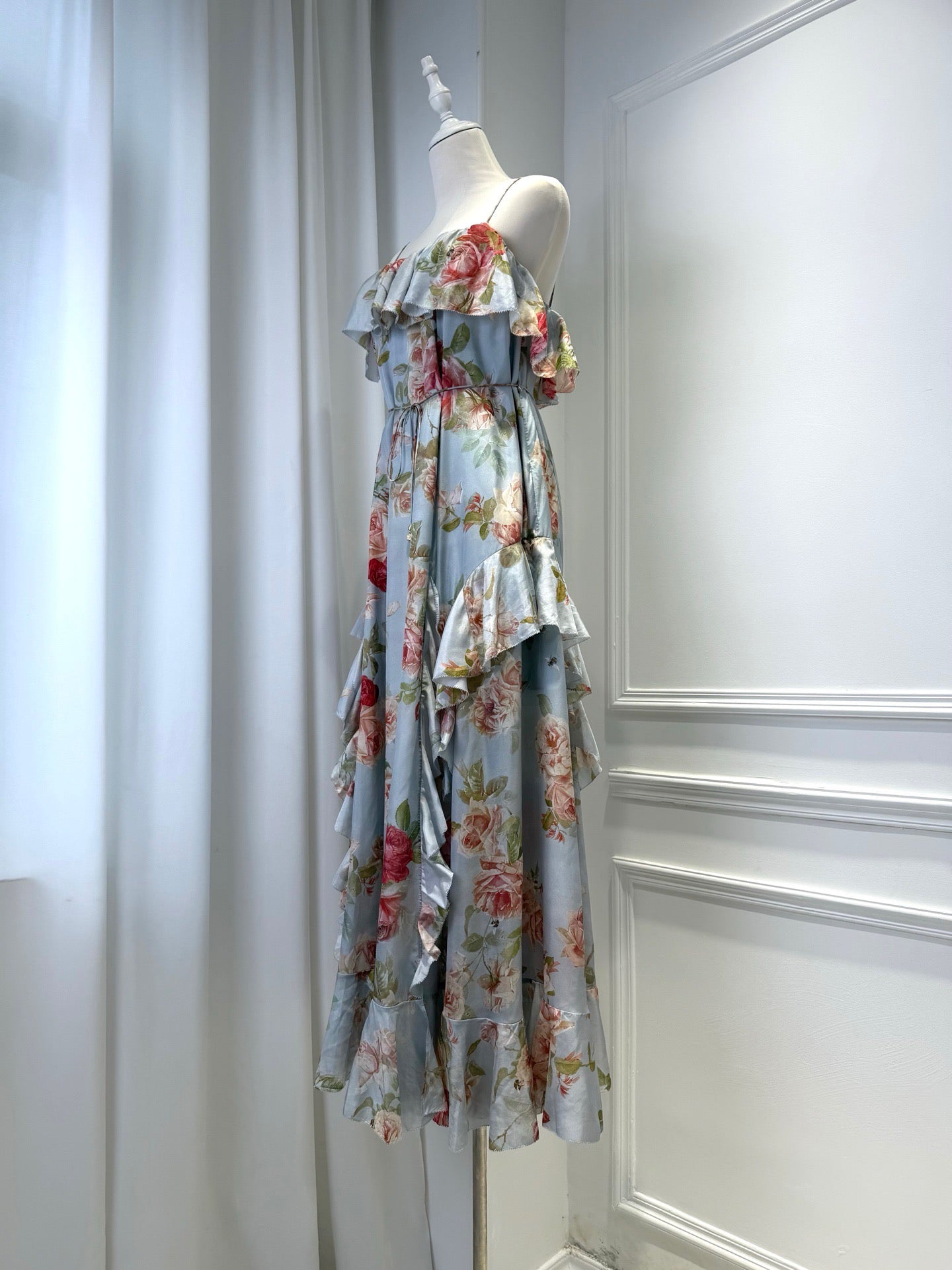 Lovestahl Women Sky Blue Watercolor Rose Floral Spaghetti Strap Maxi Dress Double Ruffle Neck Drawstring Waist Irregular Tiered Ruffle Hem Flowy Chiffon Vacation Long Gown