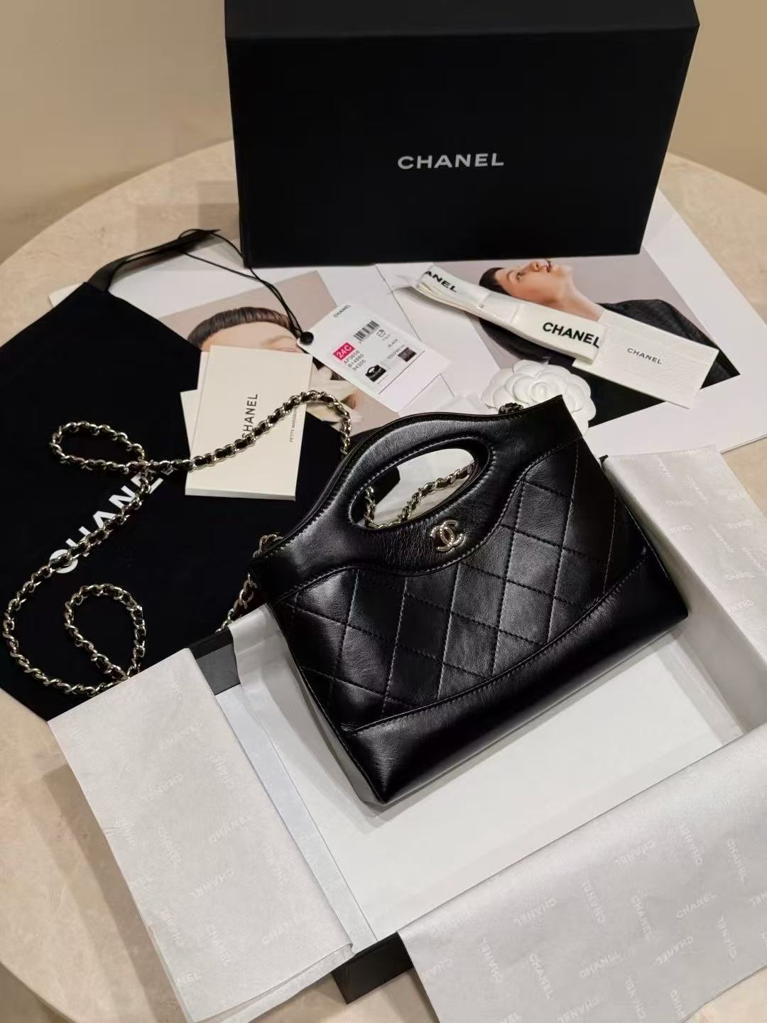 LOVESTAHL 24S New Version Black Oil Wax Lambskin 31 Bag Nano, Vintage Gold CC Cutout Top Handle Mini Shopper Bag With Detachable Leather Woven Chain Strap