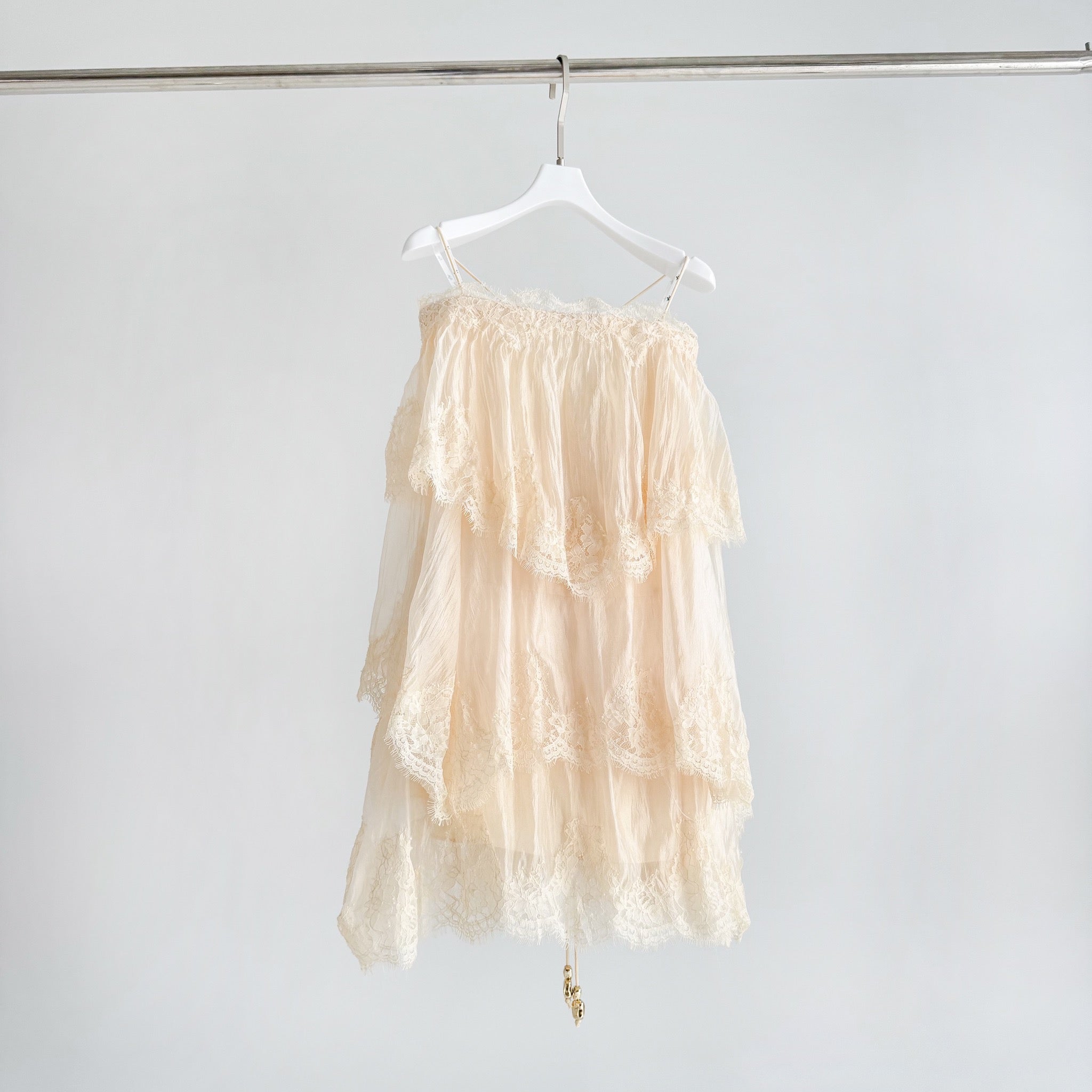 Lovestahl Beige Tiered Lace Tulle Mini Dress Women Thin Spaghetti Strap Off Shoulder Ruffle Layered Fairy Short Dress S/M/L/XL In Stock