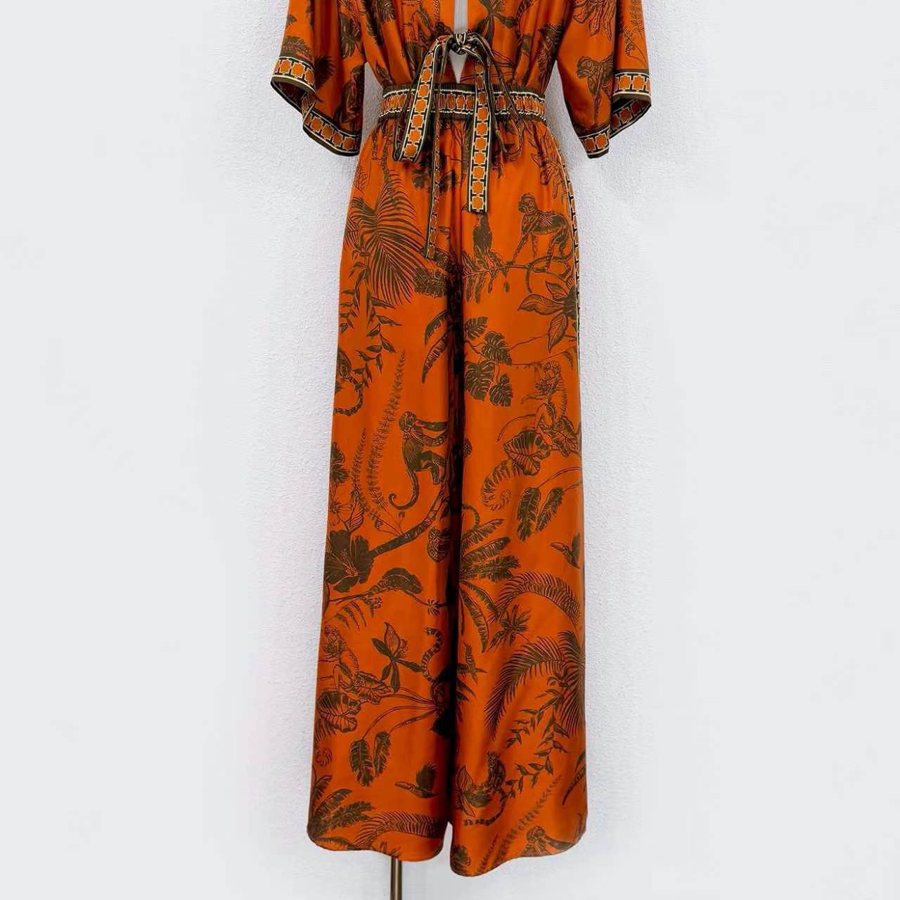 2026 WOMEN Lovestahl Niche Hot Tropical Jungle Animal Print Shirt Maxi Dress Women Lapel Collar Short Sleeve Drawstring Waist Border Trim Bohemian Vacation Long Dress Sizes 6-12 In Stock