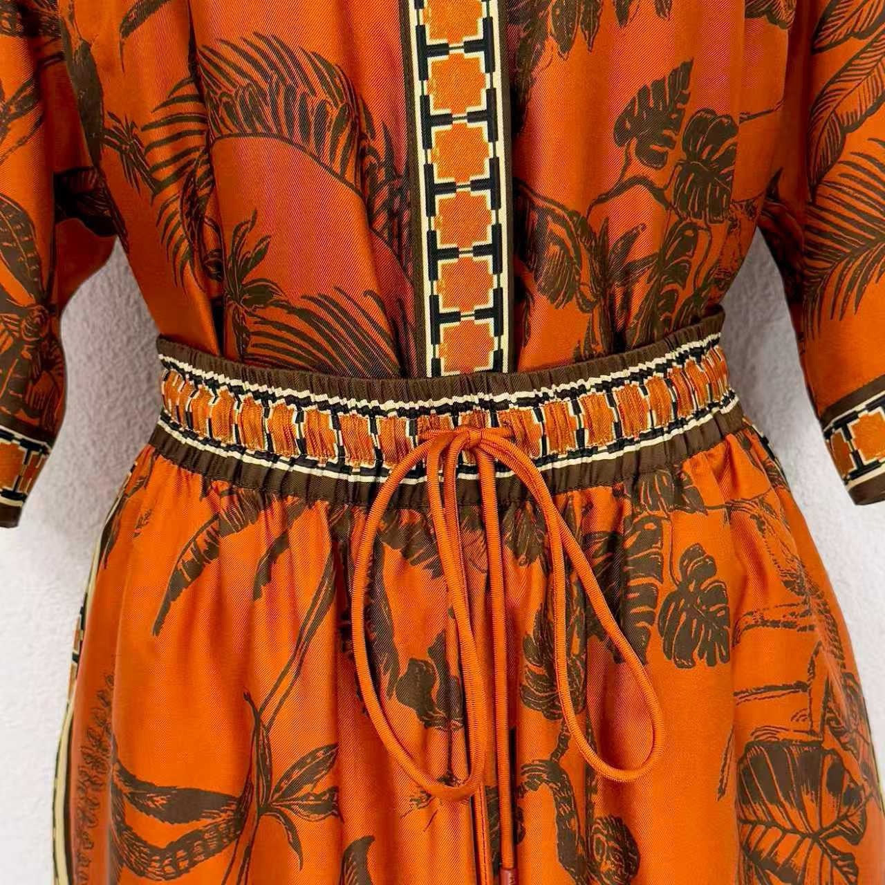 2026 WOMEN Lovestahl Niche Hot Tropical Jungle Animal Print Shirt Maxi Dress Women Lapel Collar Short Sleeve Drawstring Waist Border Trim Bohemian Vacation Long Dress Sizes 6-12 In Stock