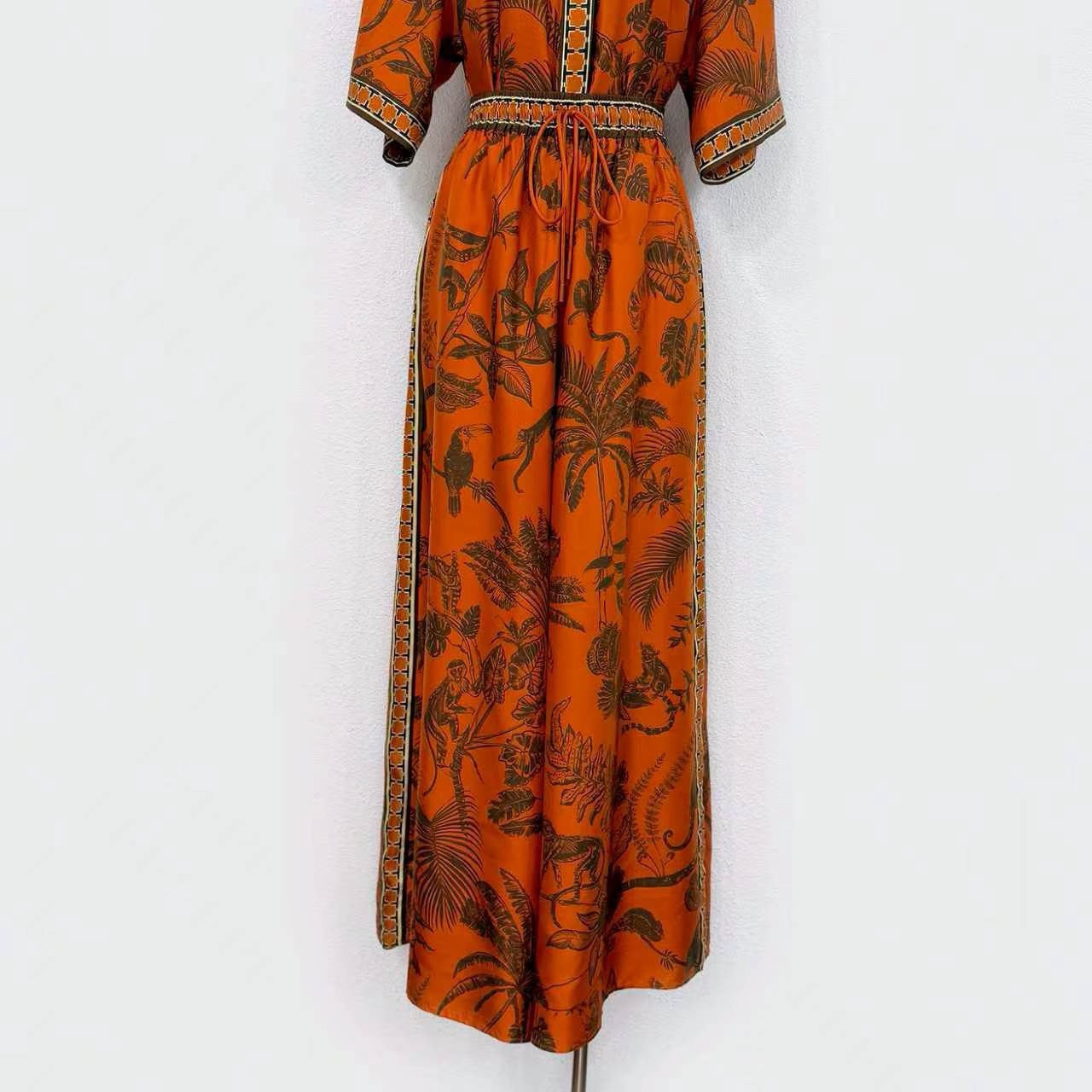 2026 WOMEN Lovestahl Niche Hot Tropical Jungle Animal Print Shirt Maxi Dress Women Lapel Collar Short Sleeve Drawstring Waist Border Trim Bohemian Vacation Long Dress Sizes 6-12 In Stock