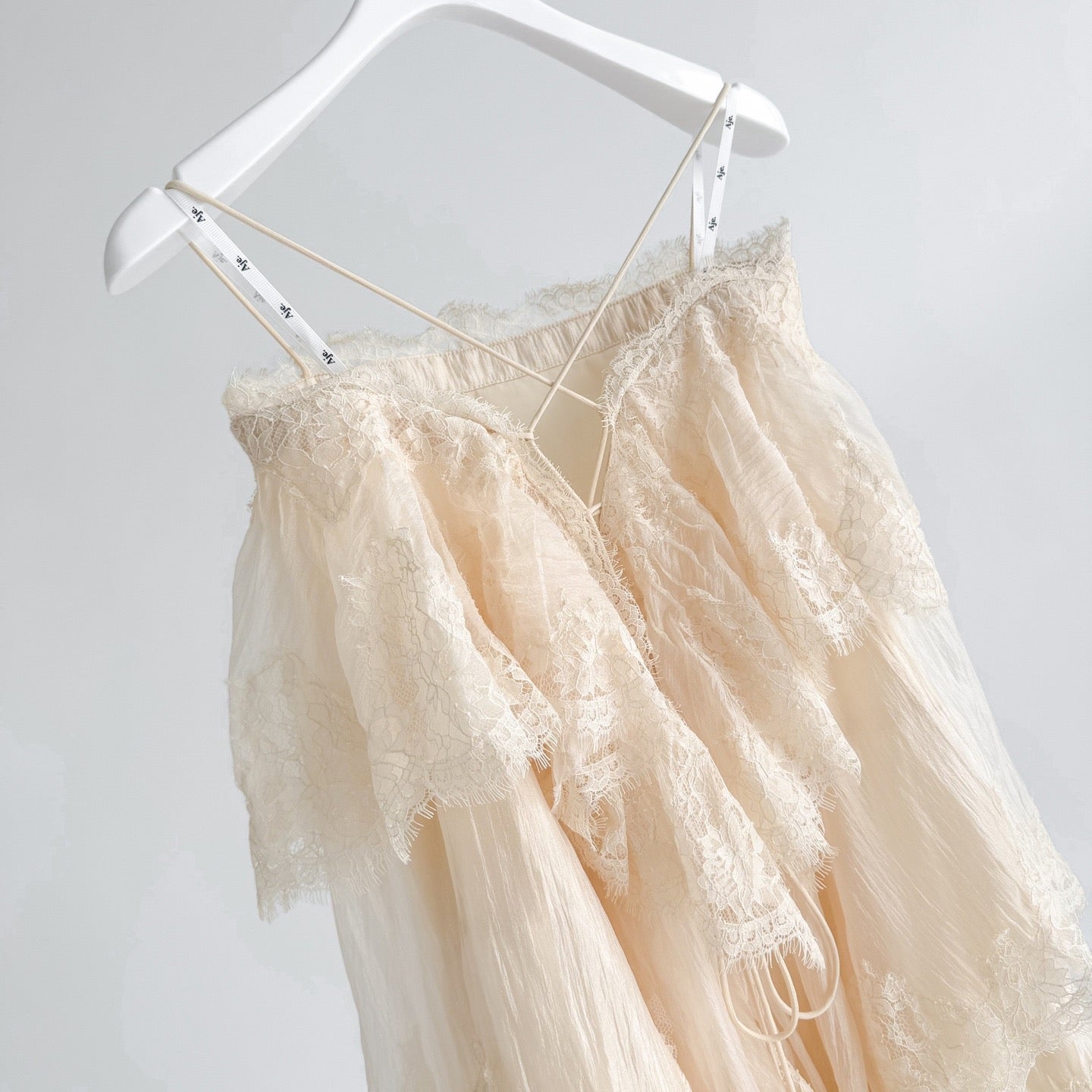 Lovestahl Beige Tiered Lace Tulle Mini Dress Women Thin Spaghetti Strap Off Shoulder Ruffle Layered Fairy Short Dress S/M/L/XL In Stock