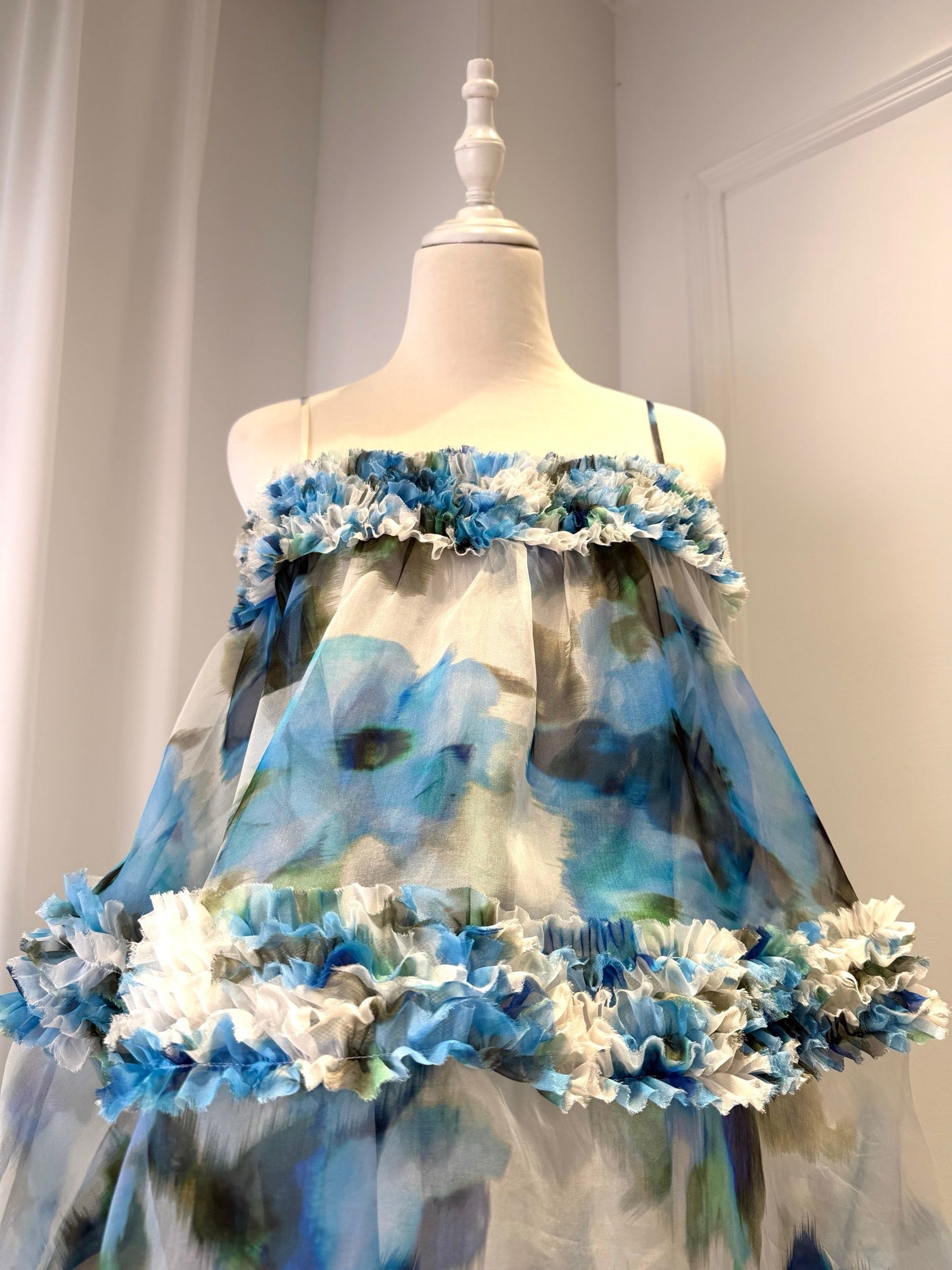 Lovestahl Women Blue Watercolor Floral Mini Slip Dress Thin Spaghetti Strap 3 Tier Ruffle Fringe Hem Flowy A Line Short Sundress Summer Beach Vacation Party Dress