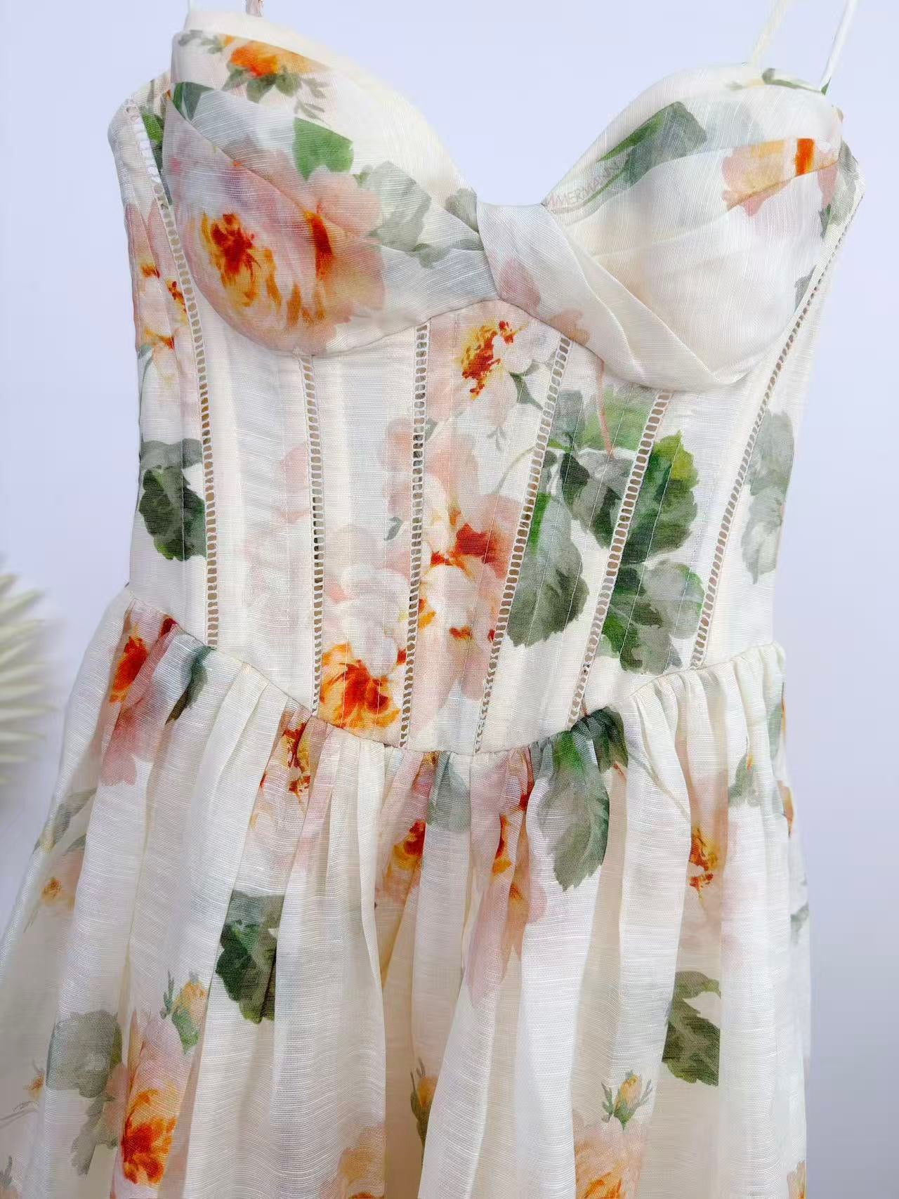 Lovestahl Summer Romantic Mini Dress Sweetheart Spaghetti Strap Hollow Corset Bust Flowy A Line Skirt Floral