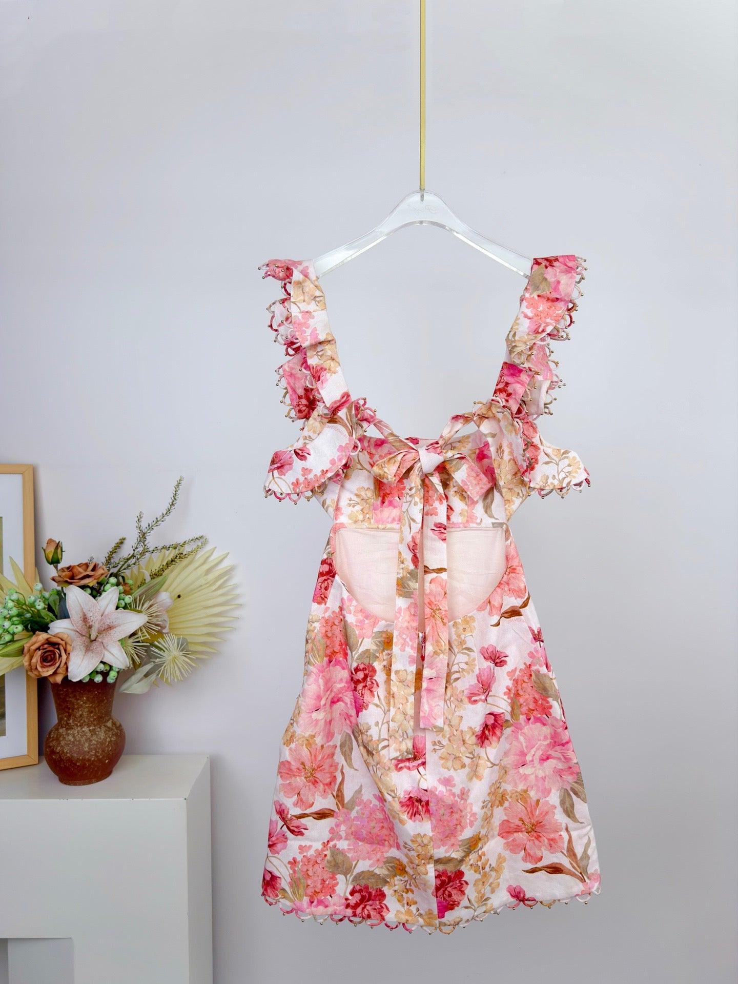 Lovestahl INDRA 100% Linen Midi Dress Women Ruffle Double Strap Square Neck Boned Bust Back Cutout Tie All Over Beaded Summer Vacation Dress