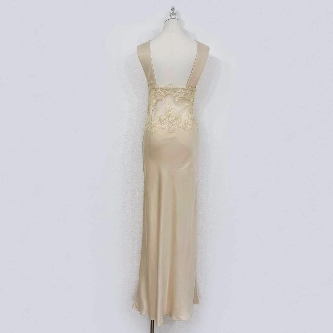 2026 women Lovestahl Women Sleeveless V Neck Hollow Lace Cutout Silk Satin Maxi Slip Dress