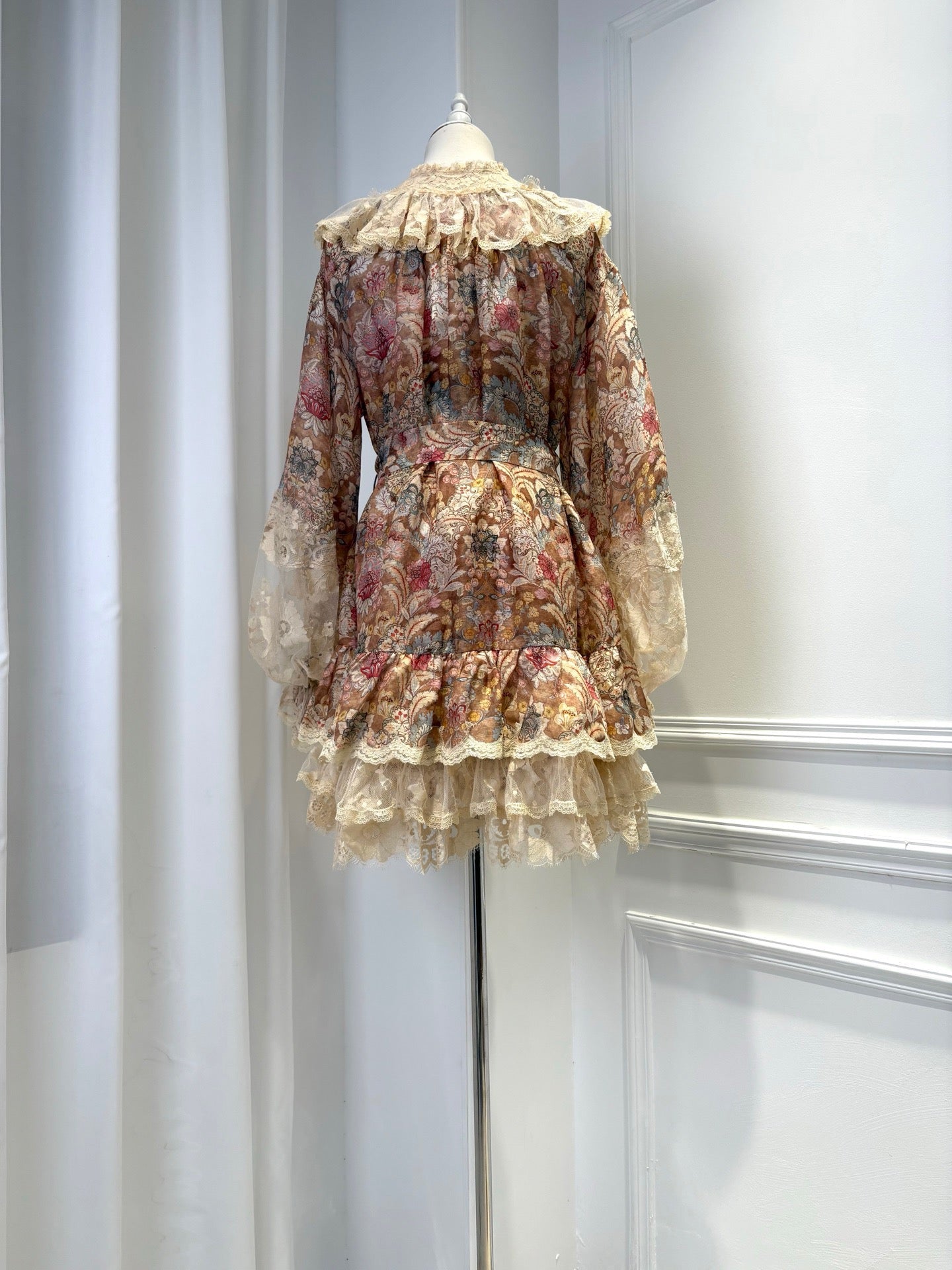 2026 women lovestahl Lovestahl Women Vintage Paisley Floral Mini Dress Lace Ruffle V Neck Lace Up Front Puff Long Sleeve Tie Waist Tiered Layer Fairy Short Dress