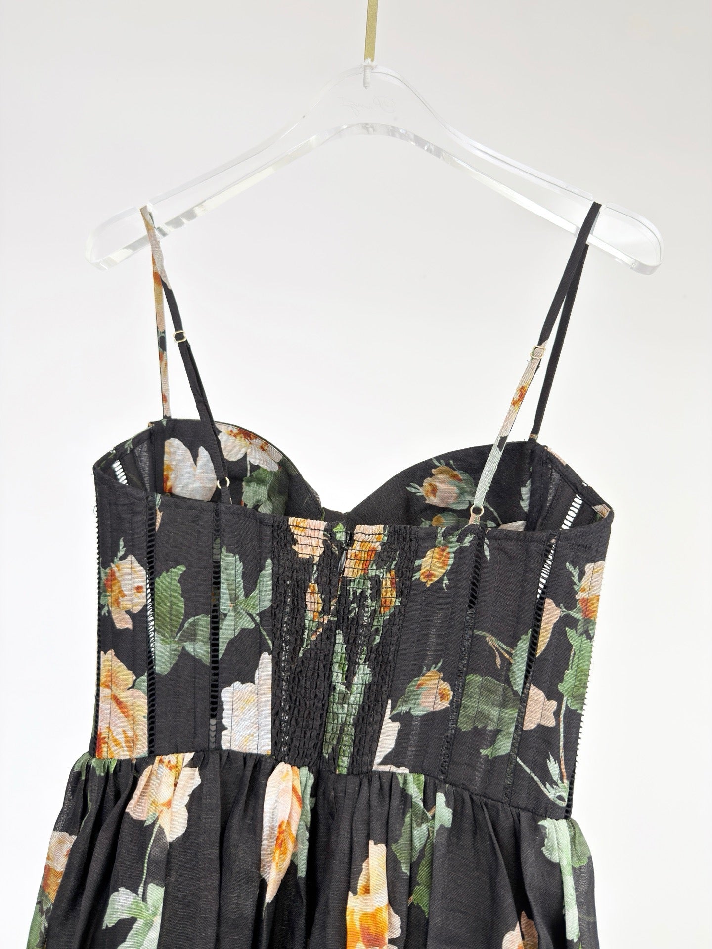 Lovestahl 52% Linen 48% Silk Black Rose Floral Corset Midi Dress Women Spaghetti Strap Sweetheart Hollow Out Bust Flowy A Line Vacation Sundress Style