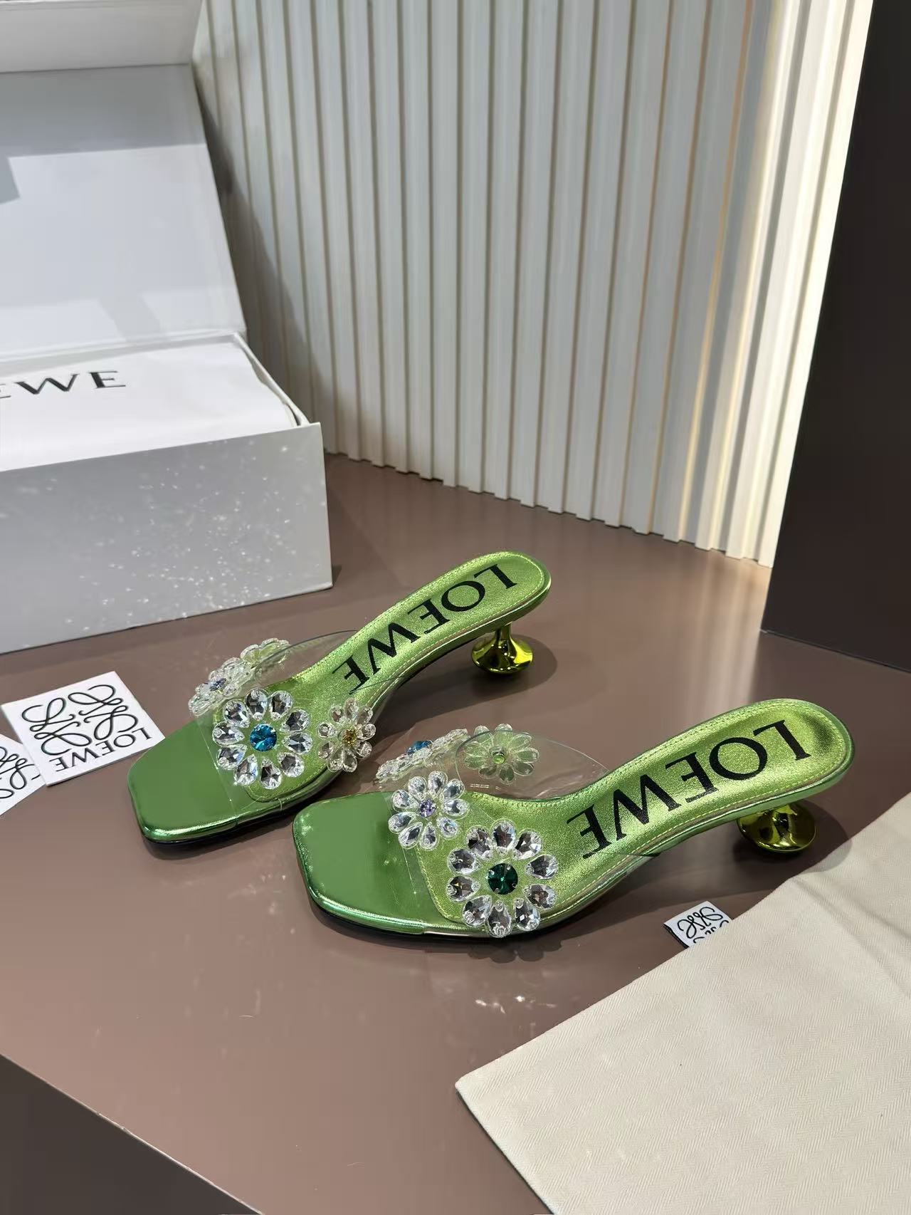 LOVESTAHL Toy Crystal Flower Mule Slides Handmade Rhinestone Floral Mules Soft Sheepskin Insole Genuine Leather Outsole Signature Green Toy Heel Women Party Slip On Sandals