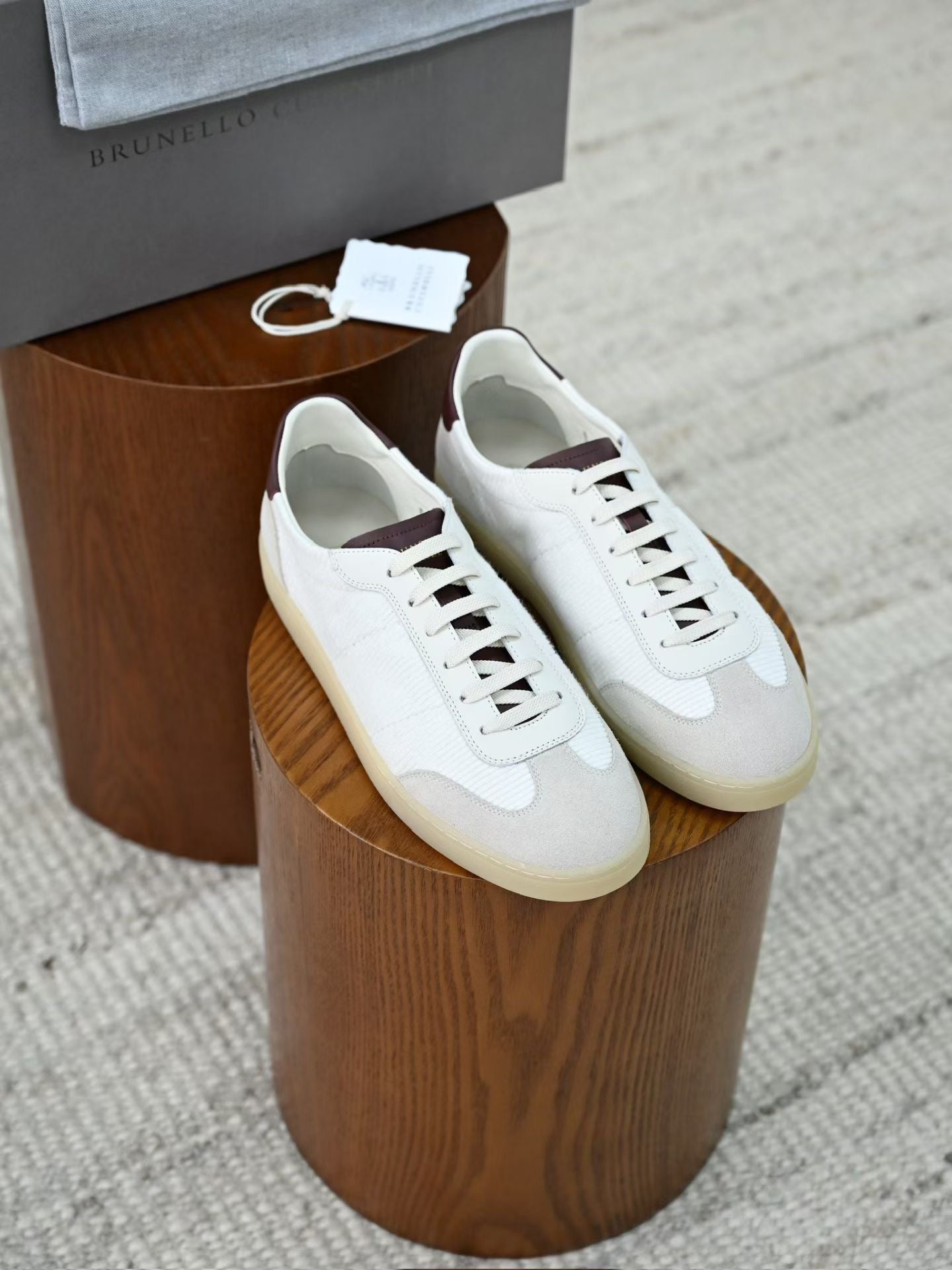 Lovestahl Men Off White Corduroy Suede Patchwork Sneakers Burgundy Trim Gum Rubber Sole Luxury Business Casual Lace Up Flat Walking Trainers Sizes 39-46