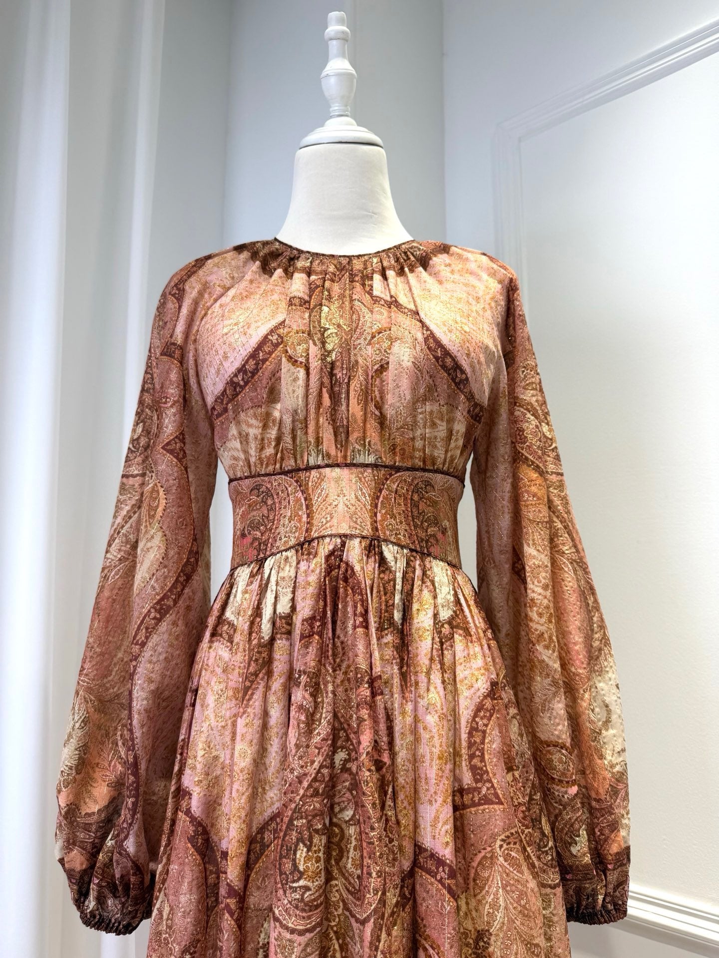 2026 women Lovestahl Women Vintage Brown Paisley Print Maxi Dress Round Neck Lantern Long Sleeve High Waist Flowy Long Chiffon Dress Bohemian Holiday Dress
