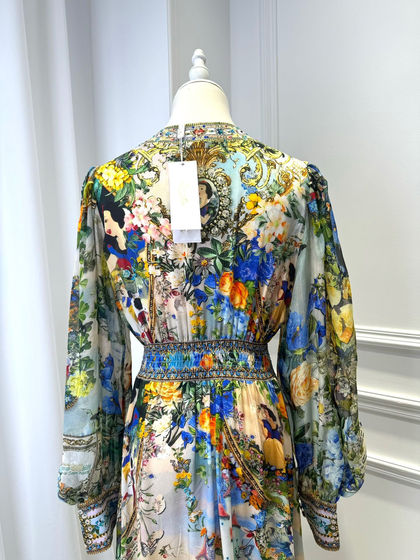 2026 WOMEN LOVESTAHL Fairytale Garden Print Maxi Dress Women Deep V Neck Rhinestone Trim Puff Long Sleeve High Waist Ruffle Hem Vacation Long Dress