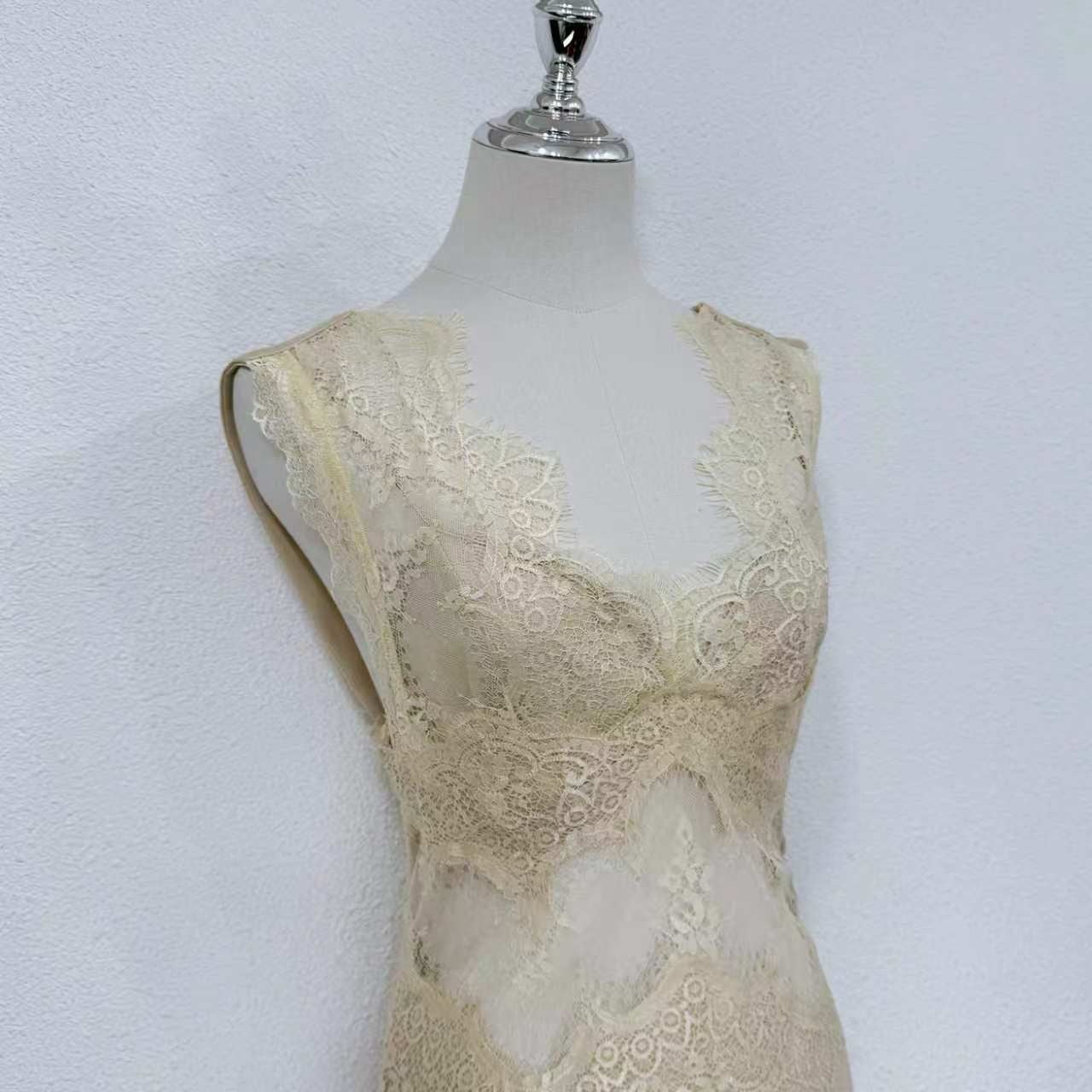 2026 women Lovestahl Women Sleeveless V Neck Hollow Lace Cutout Silk Satin Maxi Slip Dress