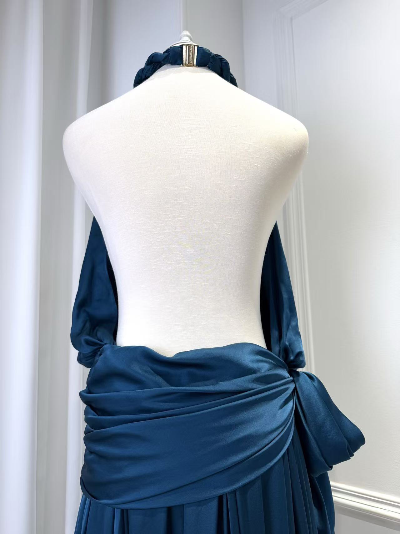 Lovestahl Frilled Halter Satin Maxi Dress Women Elastic Waist Self Tie Belt Gown Irregular Ruched Layered Long Dress Wedding Guest Formal Evening Party Dress