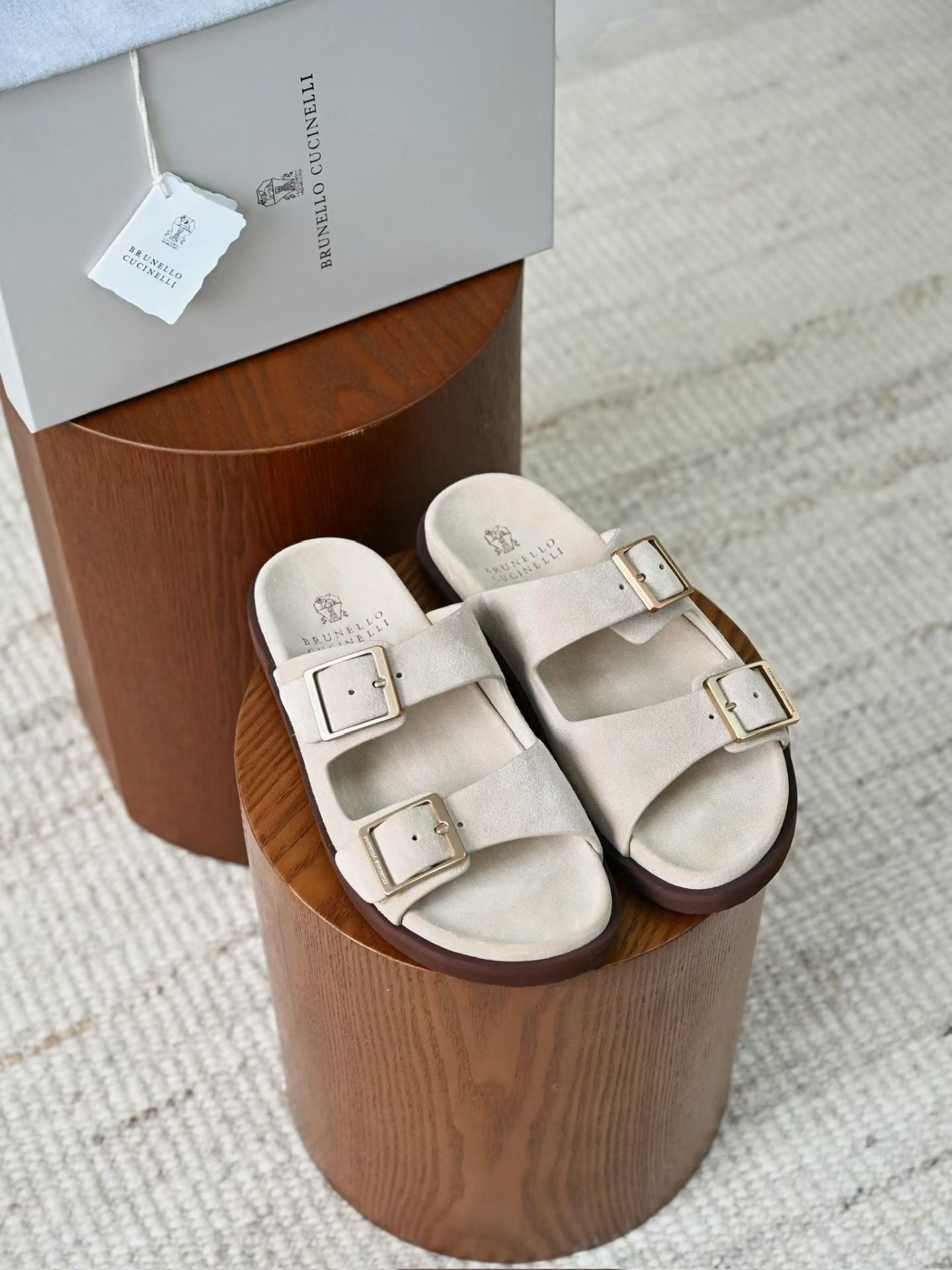 Lovestahl Men Beige Suede Double Buckle Slide Sandals Adjustable Gold Metal Buckle Cork Cushion Footbed Flat Summer Beach Casual Slippers EU Sizes 39-46