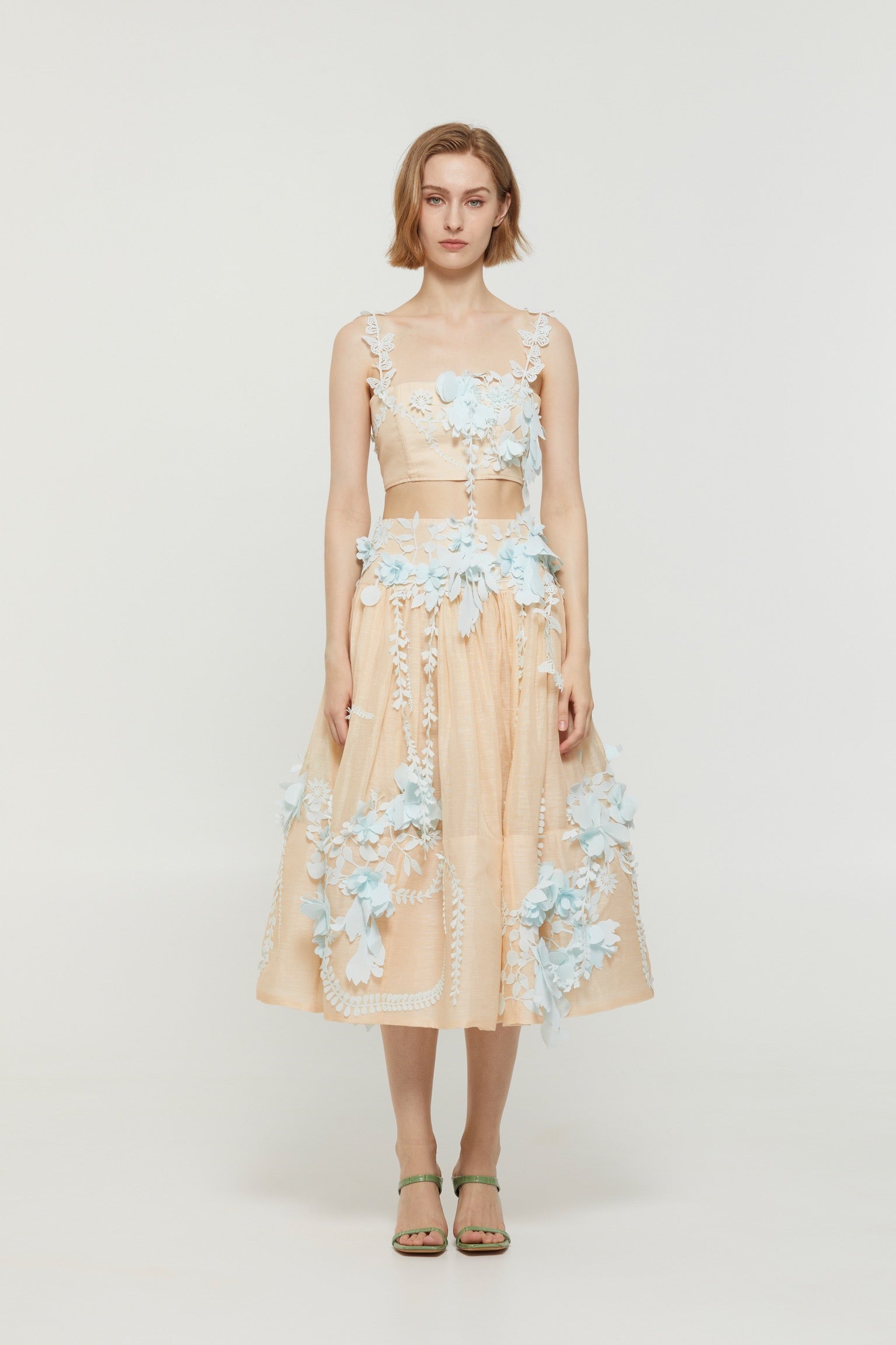 Lovestahl 3D Floral Applique Cami Top & Midi Skirt Two Piece Set Women Spaghetti Strap Backless Crop Top High Waist Flowy Long Skirt Wedding Party Matching Outfit Sizes 0/1/2/3 In Stock