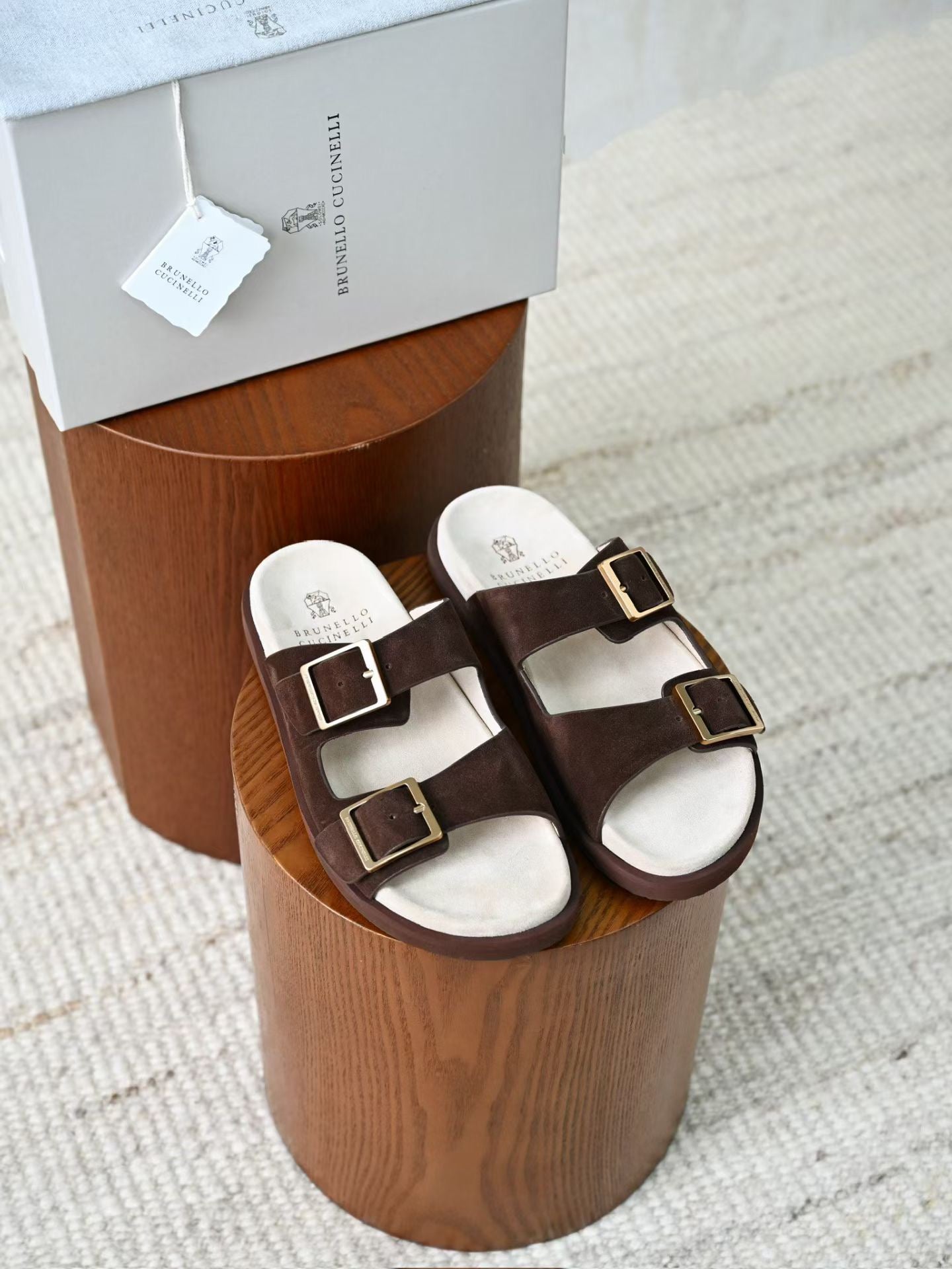 Lovestahl Men Beige Suede Double Buckle Slide Sandals Adjustable Gold Metal Buckle Cork Cushion Footbed Flat Summer Beach Casual Slippers EU Sizes 39-46