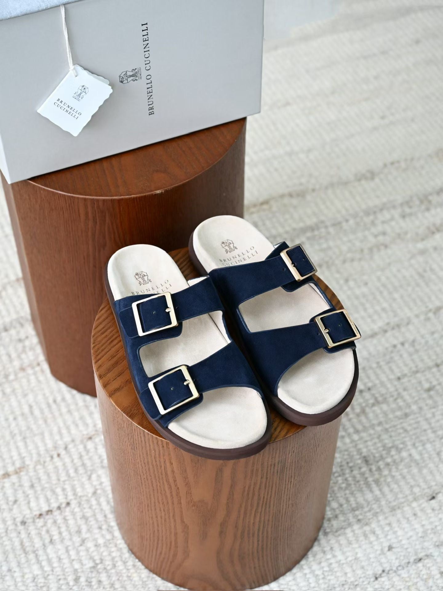 Lovestahl Men Beige Suede Double Buckle Slide Sandals Adjustable Gold Metal Buckle Cork Cushion Footbed Flat Summer Beach Casual Slippers EU Sizes 39-46