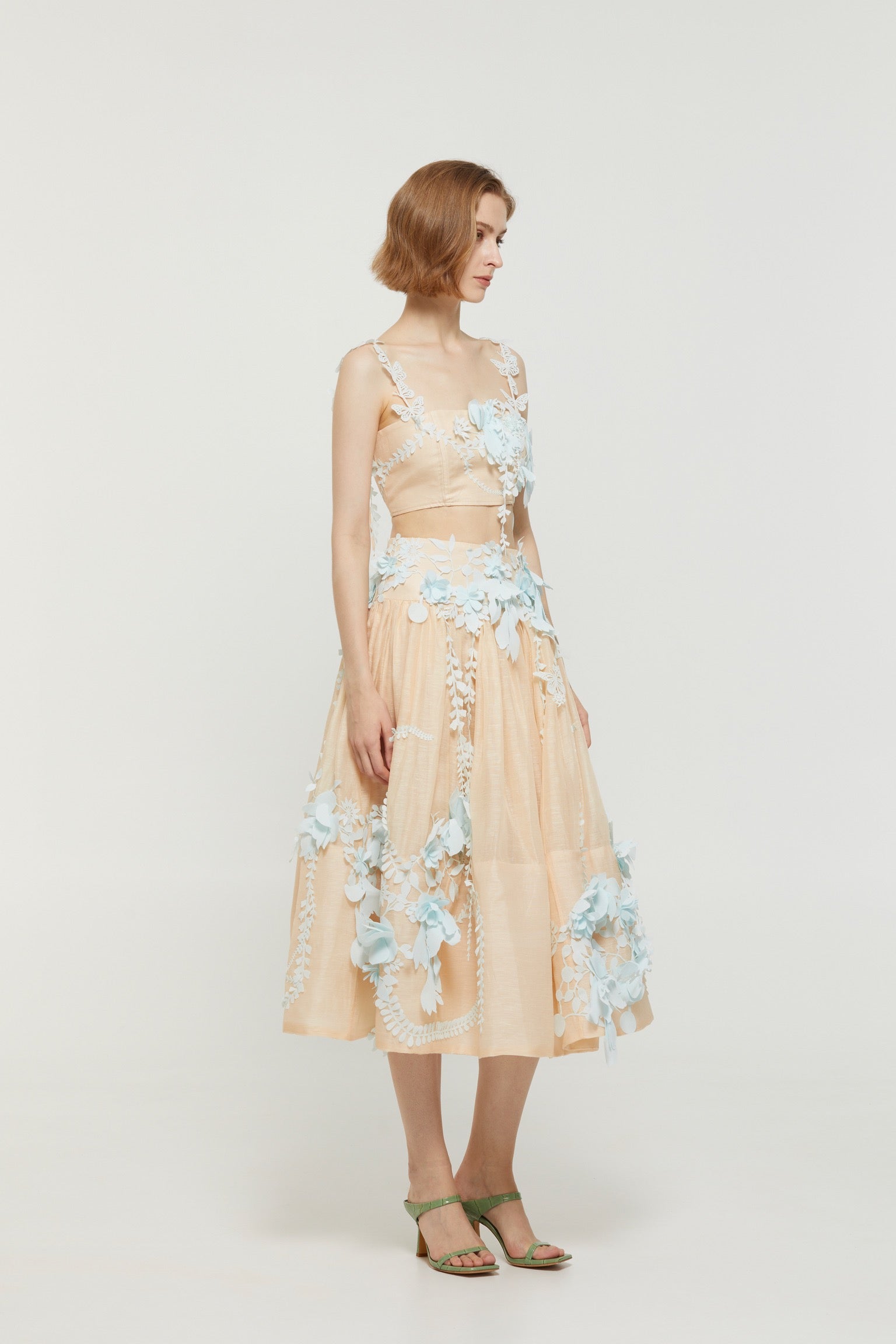 Lovestahl 3D Floral Applique Cami Top & Midi Skirt Two Piece Set Women Spaghetti Strap Backless Crop Top High Waist Flowy Long Skirt Wedding Party Matching Outfit Sizes 0/1/2/3 In Stock