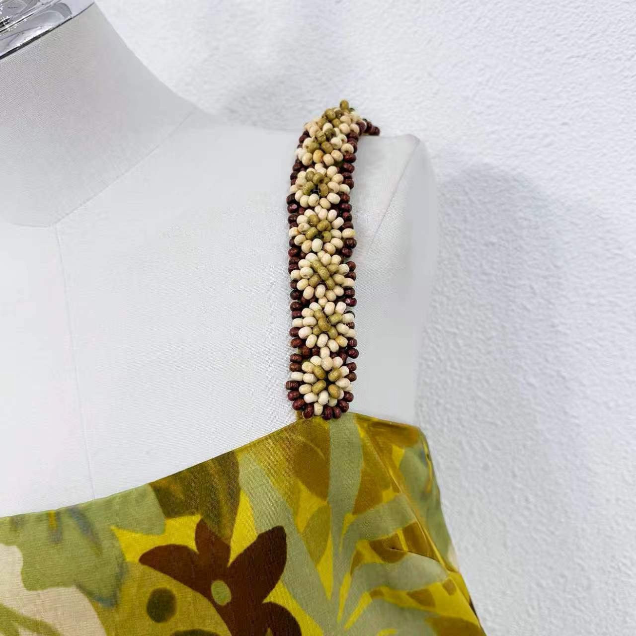 2026 WOMEN Lovestahl Hot Niche Tropical Leaf Print Slip Mini Dress Women Handmade Pearl Beaded Straps Linen Viscose Blend Side Button Straight Short Dress Resort Wear In Stock Size 6-12