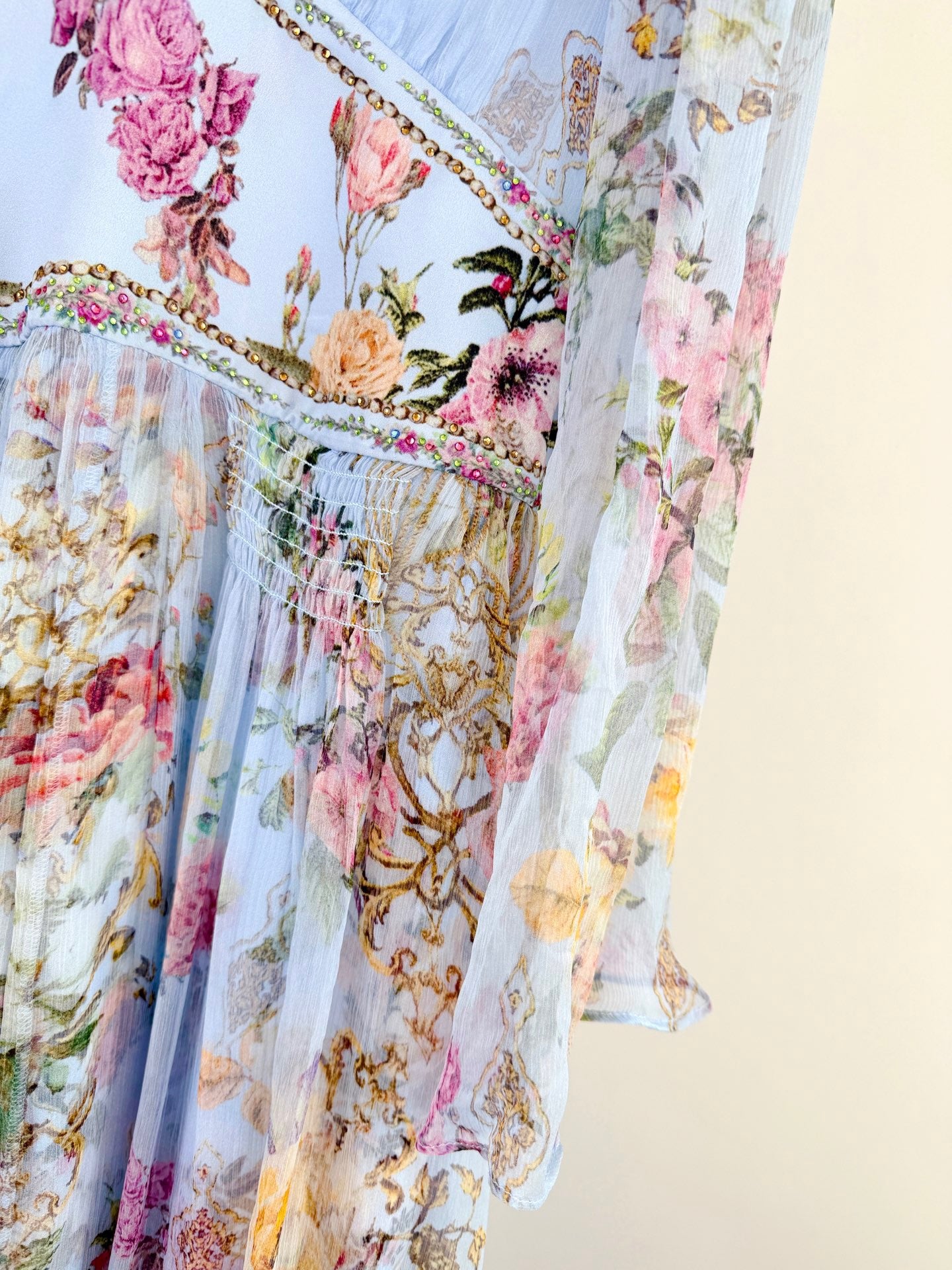 Lovestahl Runway Collection 100% Silk Maxi Dress Women Deep V Flared Bell Sleeve Matching Waist Belt Hand Crystal Rhinestone Vintage Floral Print Fitted Long Party Dress