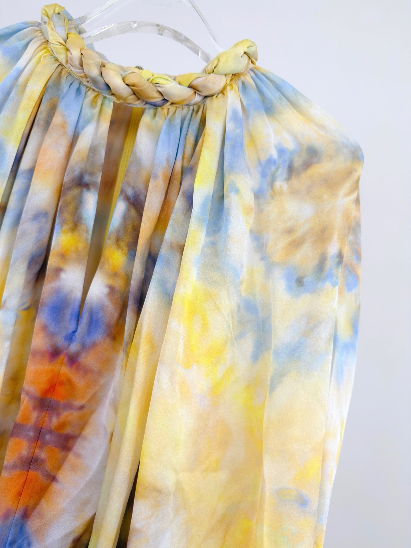 Lovestahl Runway Yellow Tie Dye Playsuit Women Braided Twisted Halter Keyhole Cutout Oversized Side Slit Long Sleeve Bubble Hem Ruffle Shorts Bohemian Beach Romper