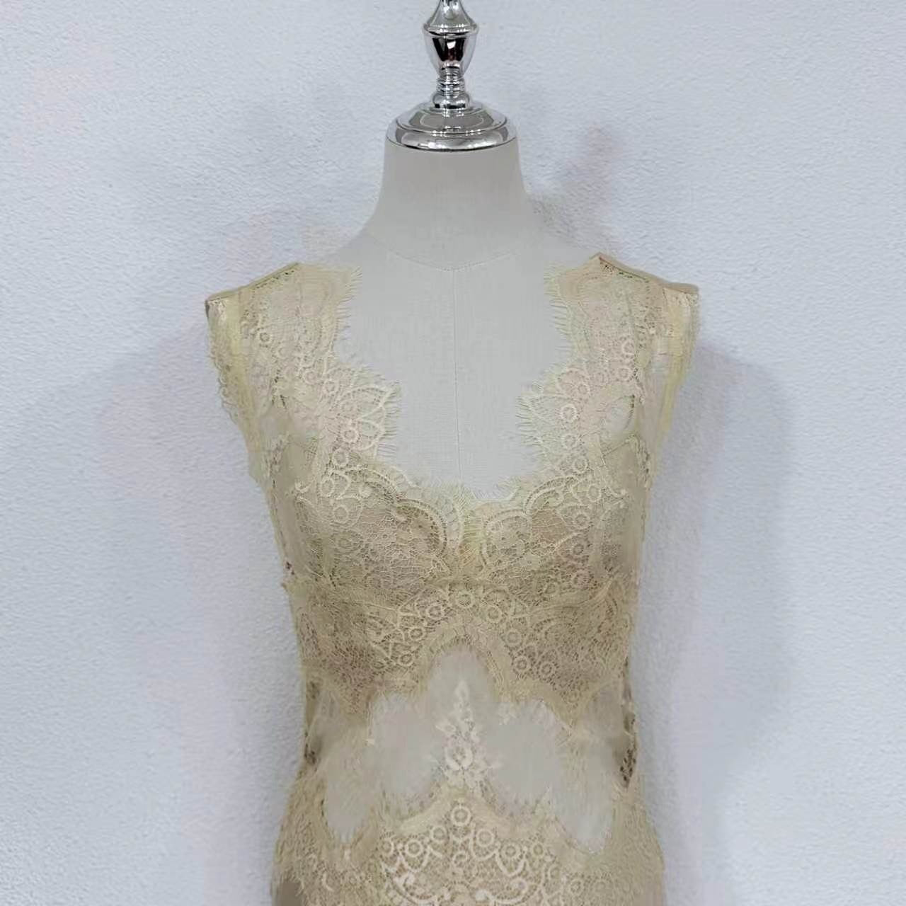2026 women Lovestahl Women Sleeveless V Neck Hollow Lace Cutout Silk Satin Maxi Slip Dress