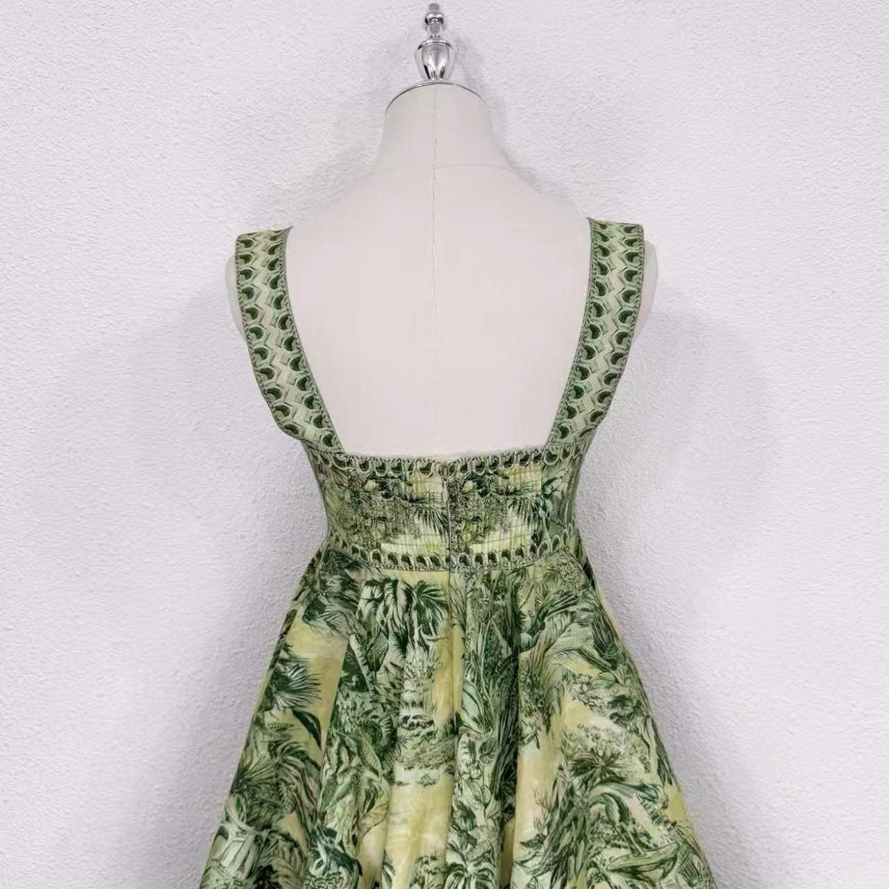 2026 women lovestahl Lovestahl Women Vintage Green Jungle Landscape Print Mini Dress Sweetheart Neck Wide Strap High Waist A Line Flare Short Sundress Retro Vacation Cocktail Dress