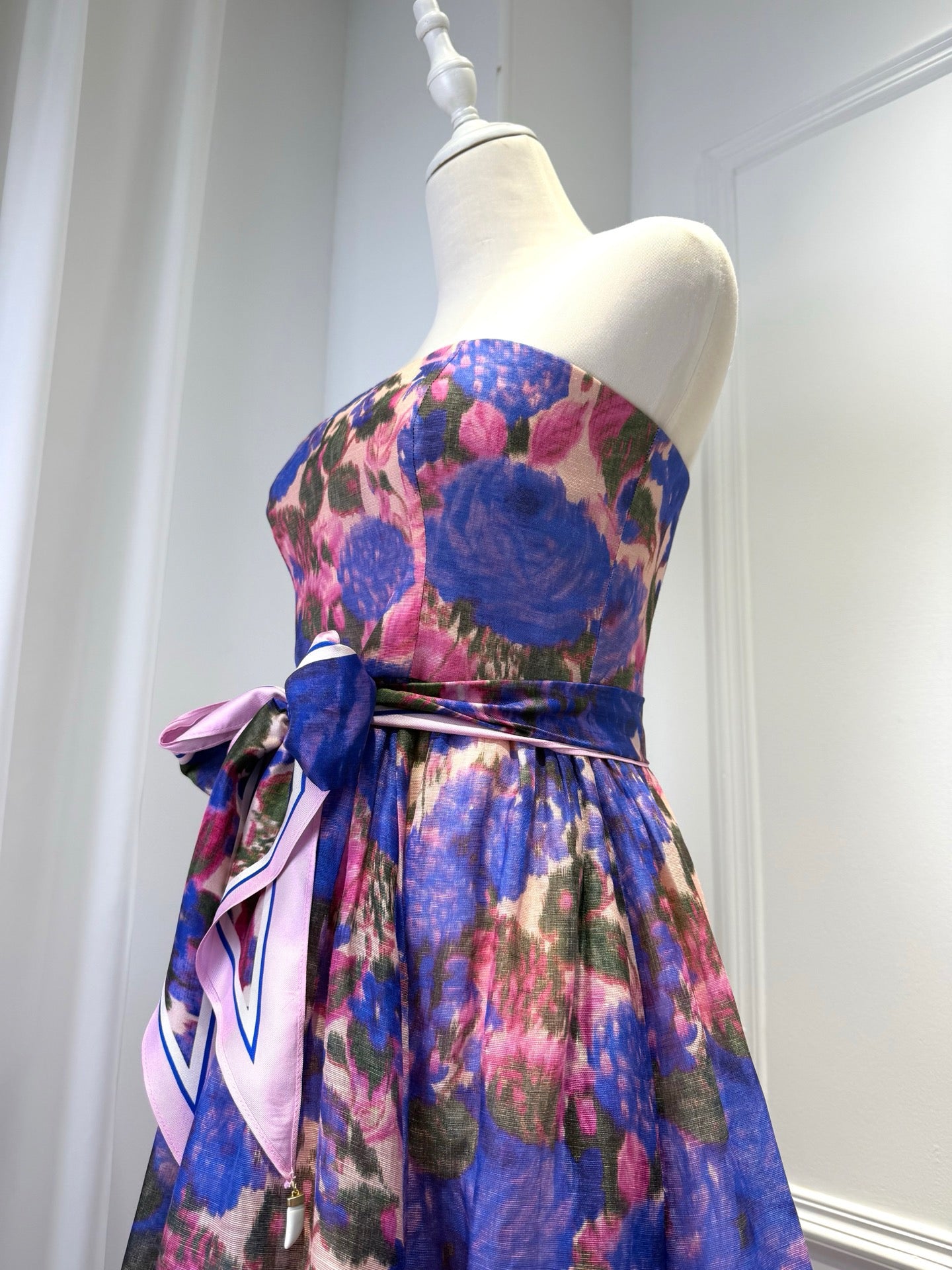 2026 women Lovestahl Women Purple Floral Strapless Maxi Dress Self Tie Bow Belt High Waist Flowy A Line Long Sundress Summer Wedding Guest Formal Dress