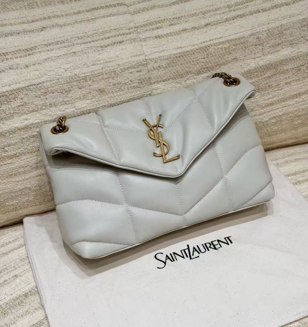 LOVESTAHL Medium 29cm Quilted Lambskin LouLou Puffer Cloud Bag, Vintage Gold Logo Sliding Chain Single & Crossbody Shoulder Bag