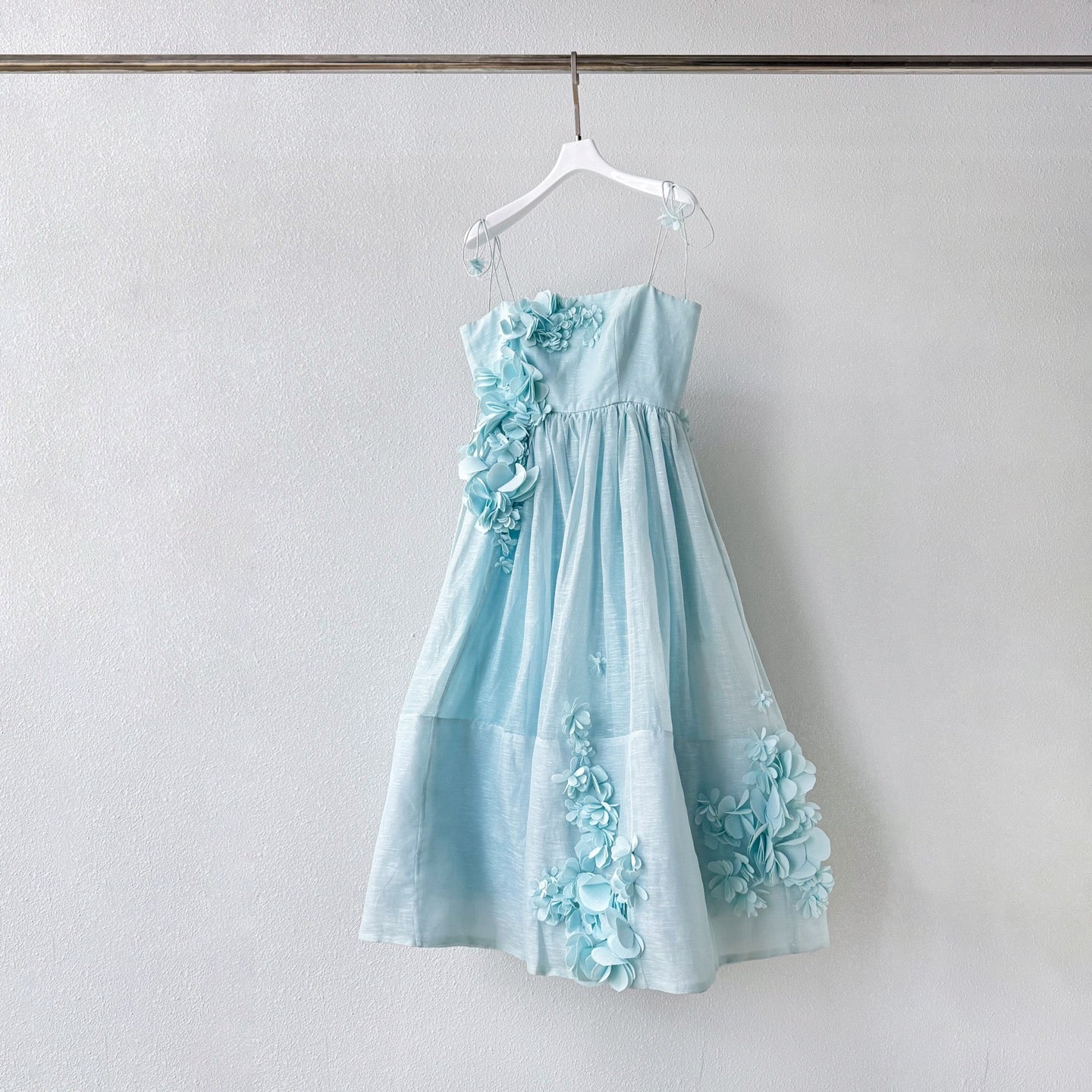 Lovestahl 3D Floral Appliqué Spaghetti Strap Midi Dress Women 52% Linen 48% Silk Flowy A Line Wedding Guest Party Long Dress Sizes 0/1/2/3 In Stock