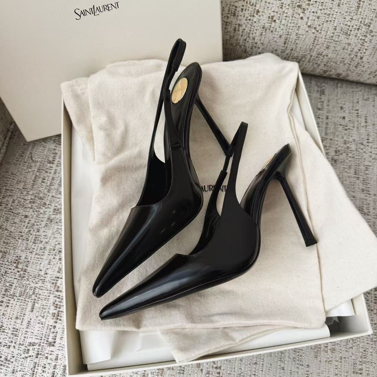 LOVESTAHL Women Glossy Patent‑Leather Sling‑back Pumps, Pointed‑Toe Thin Stiletto Heels, Adjustable Back‑Strap Elegant Party Dress Shoes