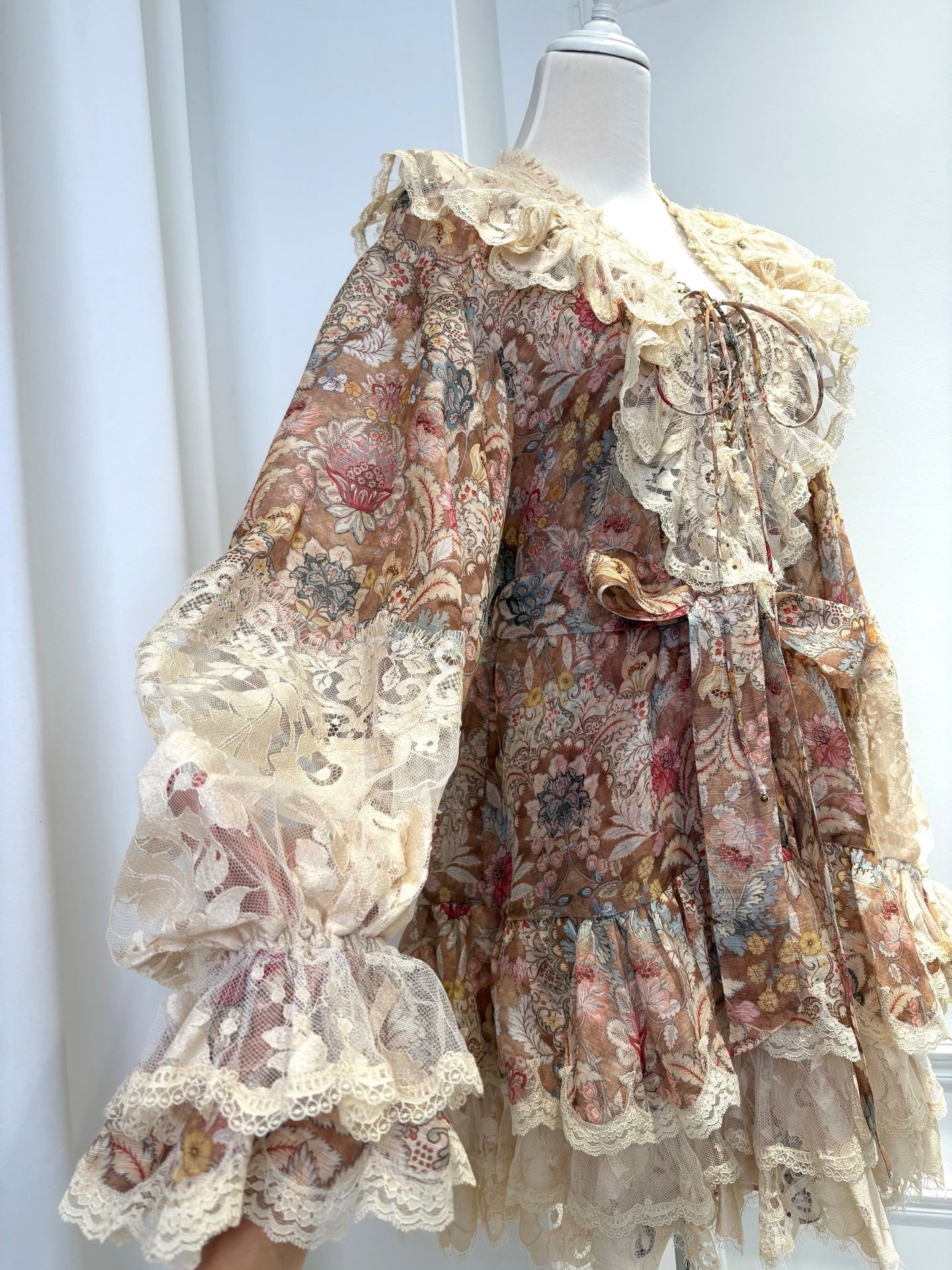 2026 women lovestahl Lovestahl Women Vintage Paisley Floral Mini Dress Lace Ruffle V Neck Lace Up Front Puff Long Sleeve Tie Waist Tiered Layer Fairy Short Dress