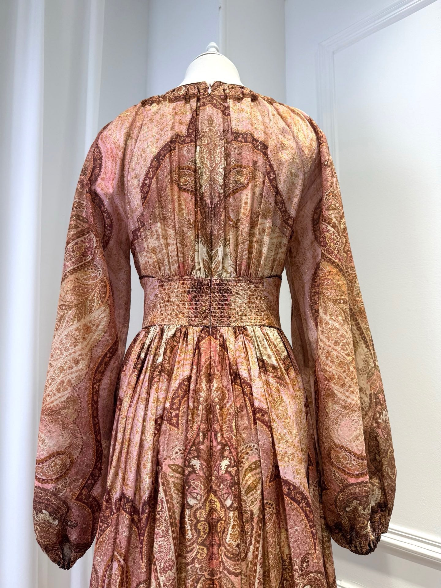 2026 women Lovestahl Women Vintage Brown Paisley Print Maxi Dress Round Neck Lantern Long Sleeve High Waist Flowy Long Chiffon Dress Bohemian Holiday Dress