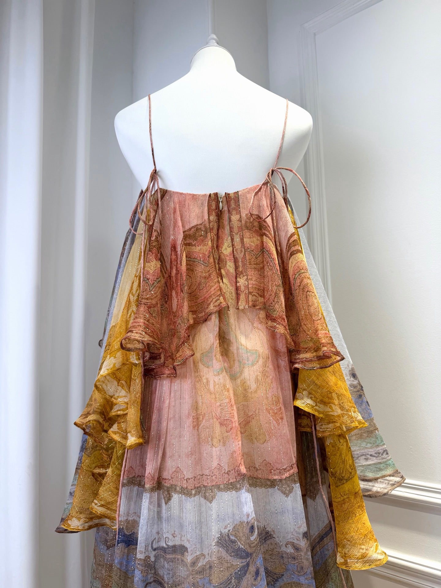 LOVESTAHL Color Block Paisley Print Slip Maxi Dress Women Spaghetti Strap Ruffle Tiered Sheer Glitter Fabric Boho Beach Long Dress