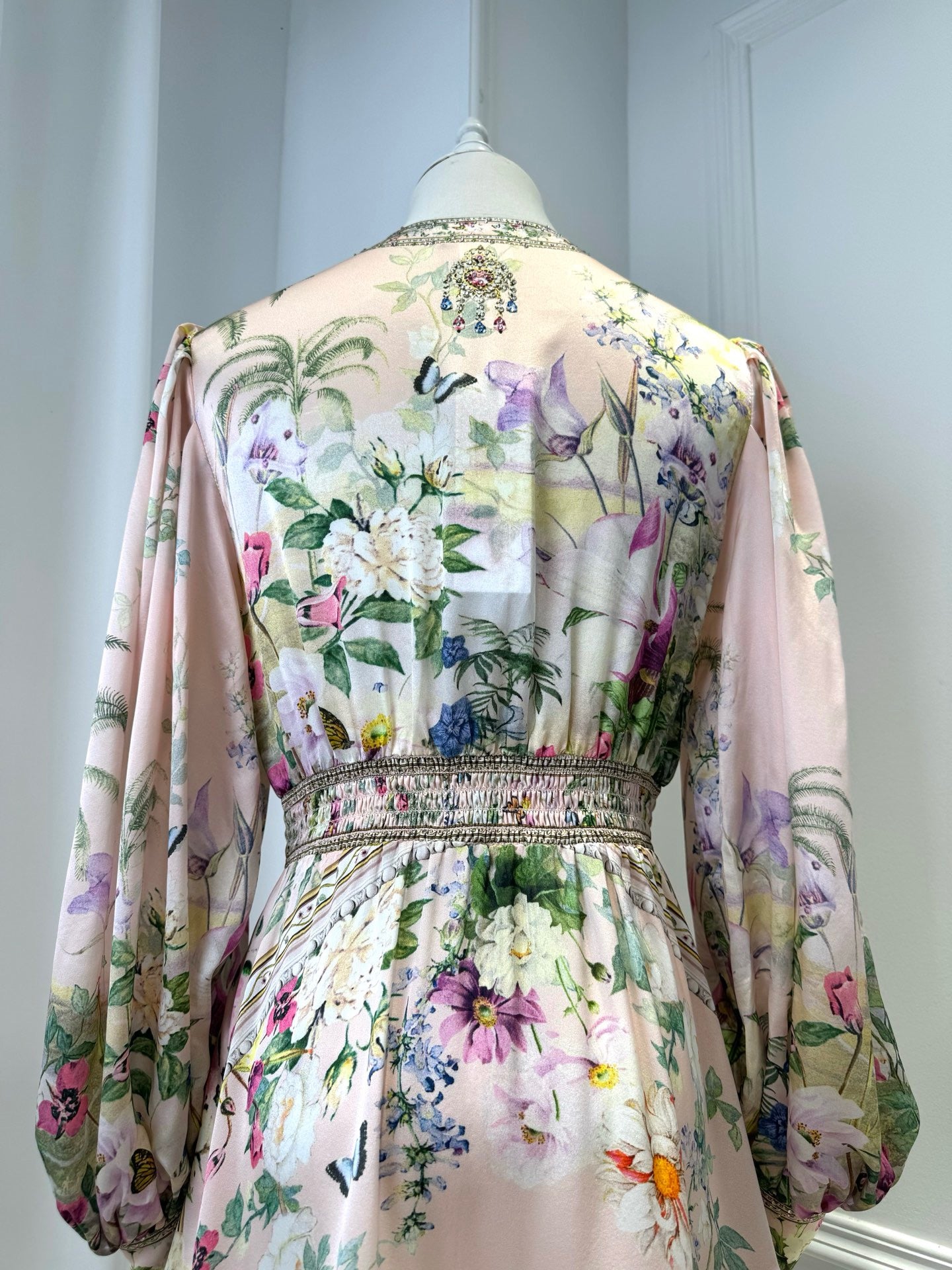 LOVESTAHL Pink Floral Print Mini Dress Women Deep V Neck Puff Long Sleeve Beaded Waist Lace Ruffle Hem Elegant Party Short Dresses