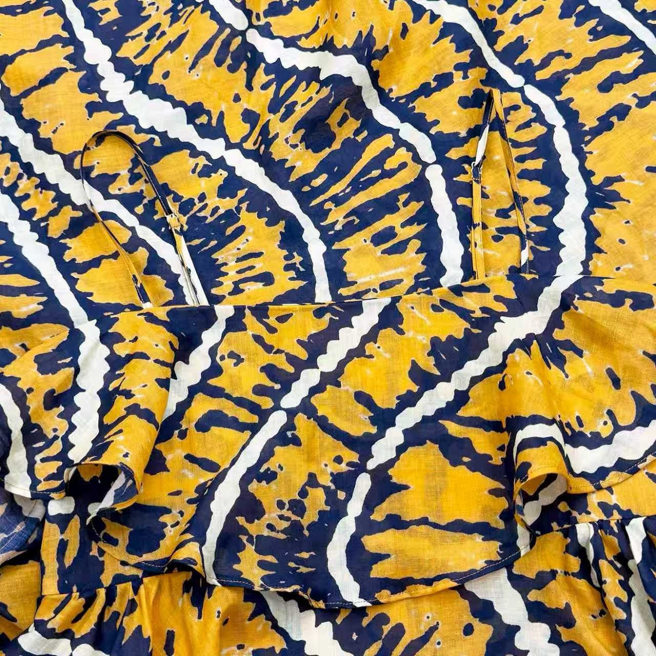 2026 women lovestahl Lovestahl Women Yellow Tiger Stripe Print Spaghetti Strap Maxi Dress Double Layer Ruffle Tiered Flowy Chiffon Long Sundress Summer Beach Vacation Boho Dress