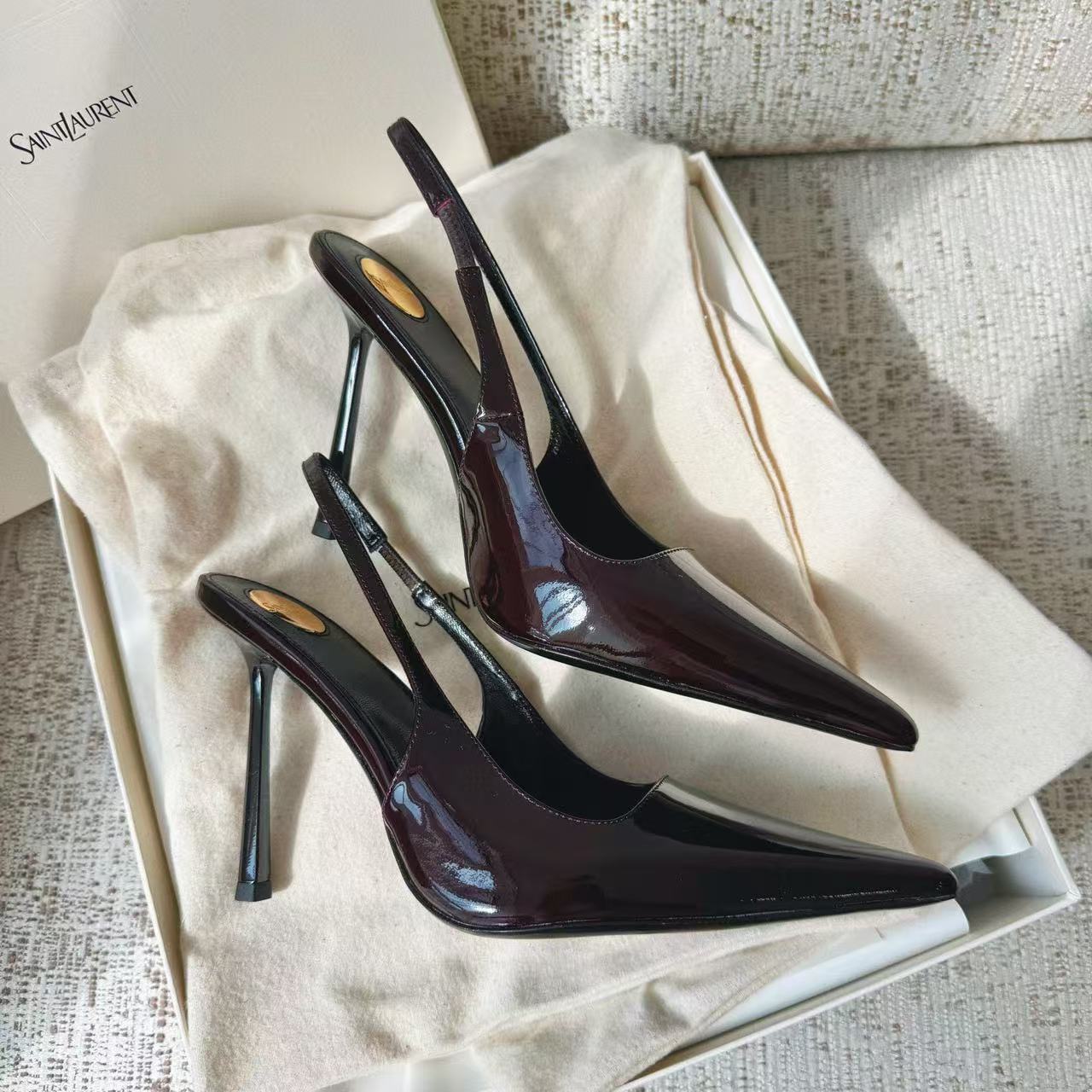 LOVESTAHL Women Glossy Patent‑Leather Sling‑back Pumps, Pointed‑Toe Thin Stiletto Heels, Adjustable Back‑Strap Elegant Party Dress Shoes