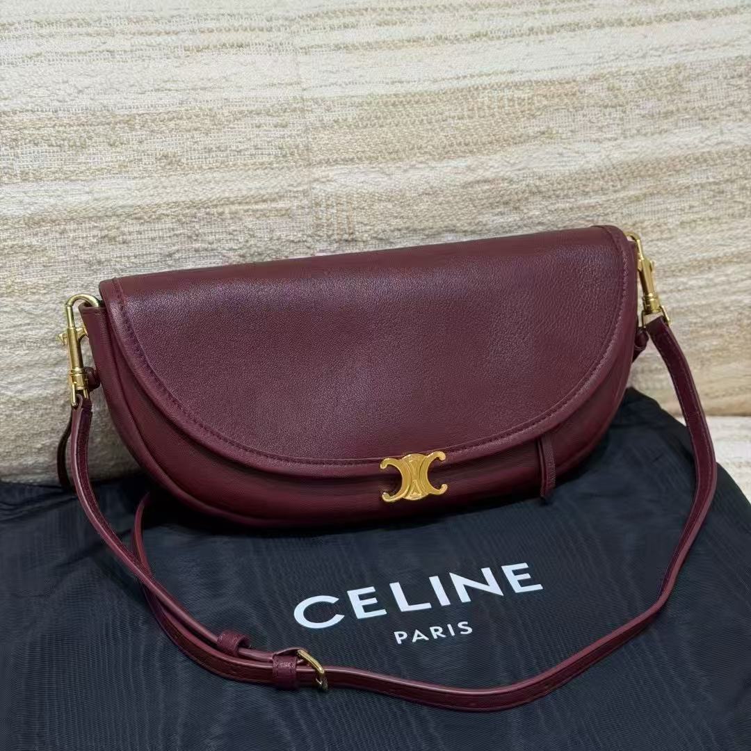 LOVESTAHL Burgundy Oil Wax Lambskin Halfmoon Crossbody Bag, Magnetic Triomphe Gold Hardware Adjustable Strap Underarm Daily Bag Authentic Grade Bulk Stock