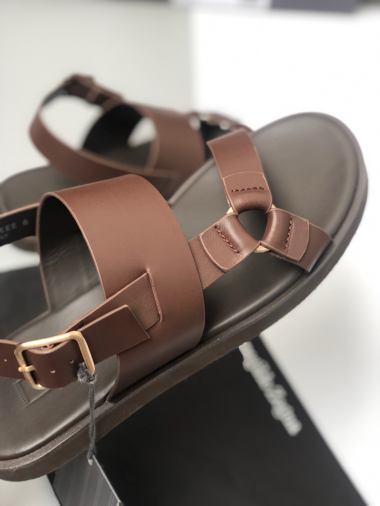 Lovestahl Men Dark Brown Genuine Leather Sandals Adjustable Gold Buckle Back Strap Roman Flat Sandals Luxury Summer Business Casual Shoes EU Sizes 39-46