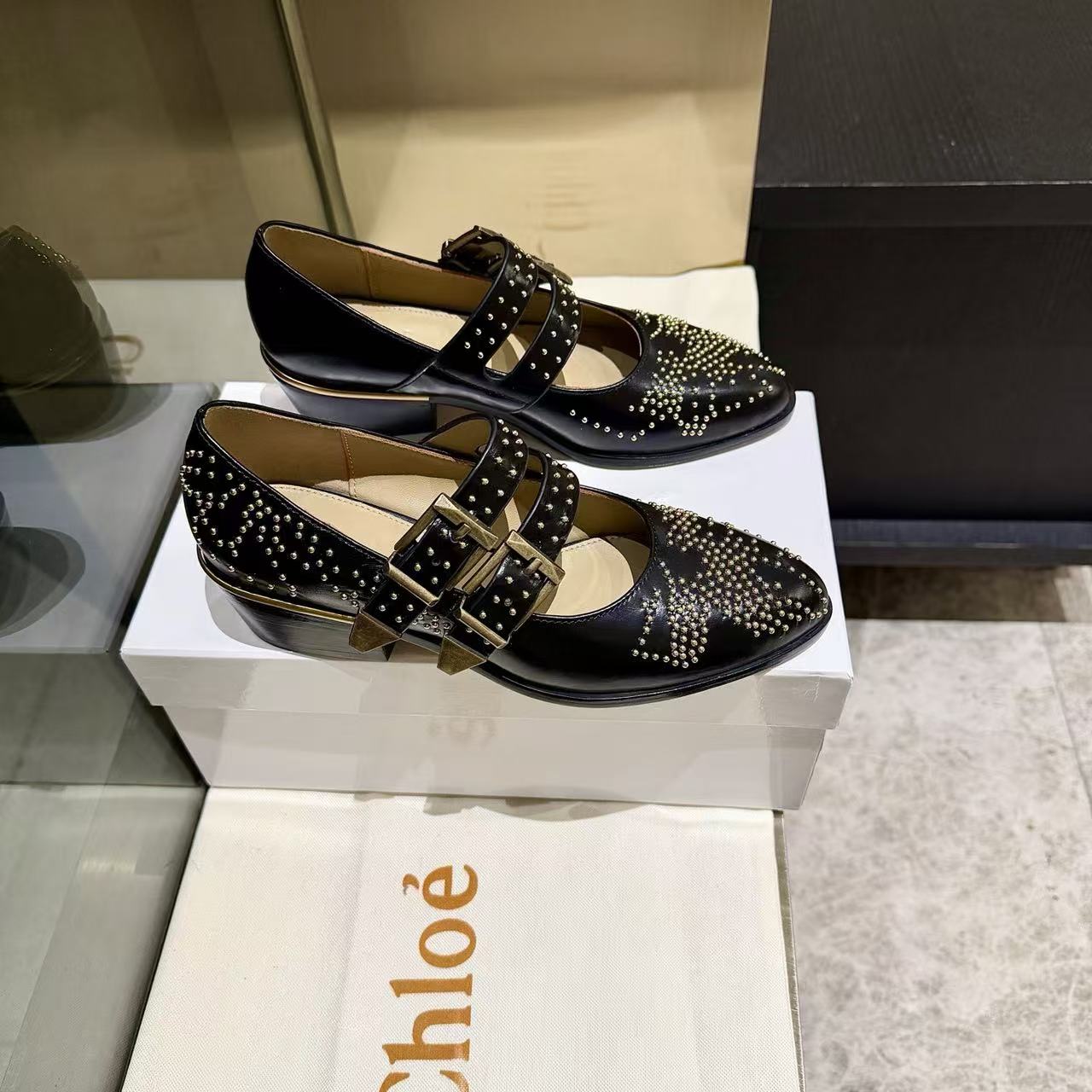 LOVESTAHL Stud‑Decorated Mary‑Jane Block‑Heel Pumps