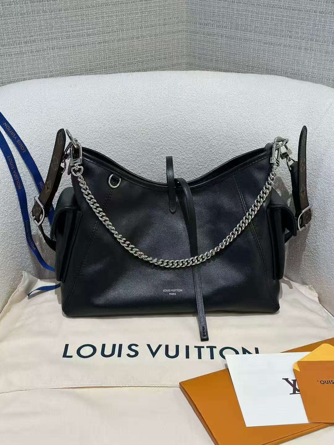 LOVESTAHL All Black Smooth Leather Cargo Hobo Bag with Silver Chain Strap, Unisex Two Sizes Crossbody Shoulder Bag