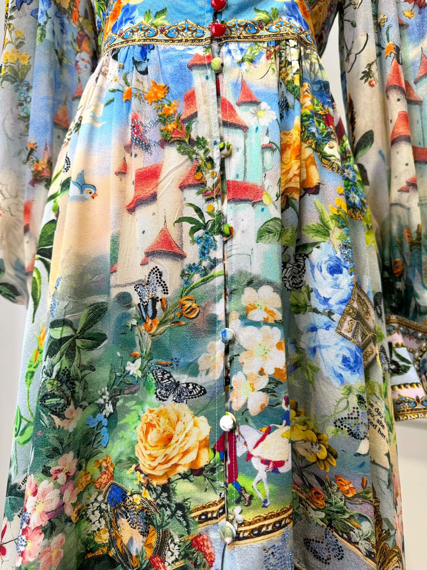 2026 WOMEN LOVESTAHL Fairytale Garden Print Maxi Dress Women Deep V Neck Rhinestone Trim Puff Long Sleeve High Waist Ruffle Hem Vacation Long Dress