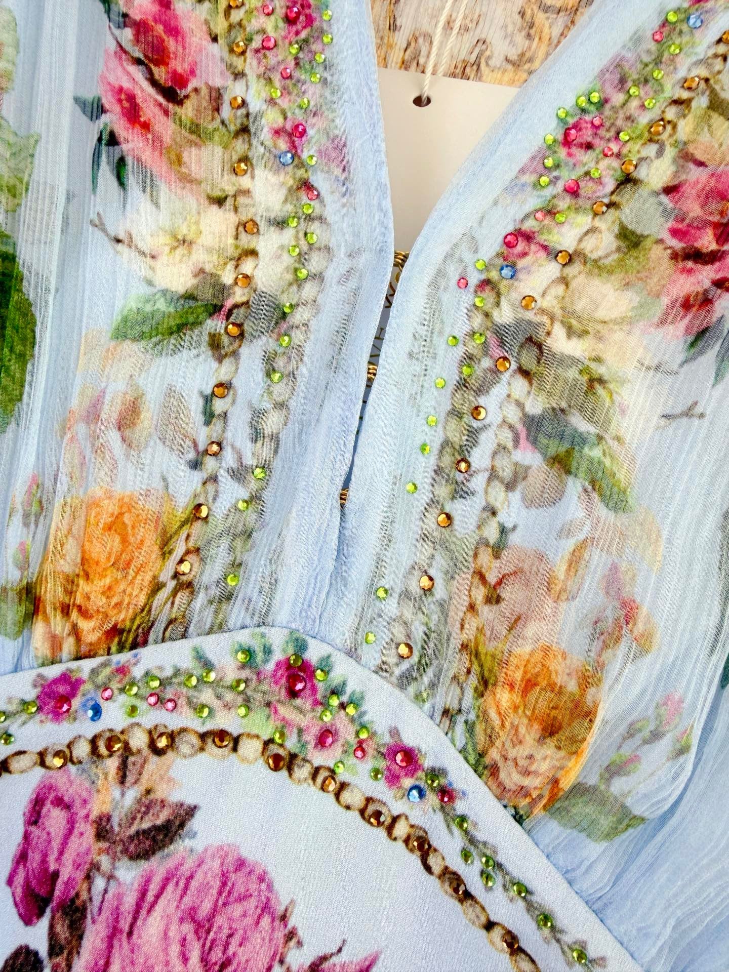 Lovestahl Runway Collection 100% Silk Maxi Dress Women Deep V Flared Bell Sleeve Matching Waist Belt Hand Crystal Rhinestone Vintage Floral Print Fitted Long Party Dress