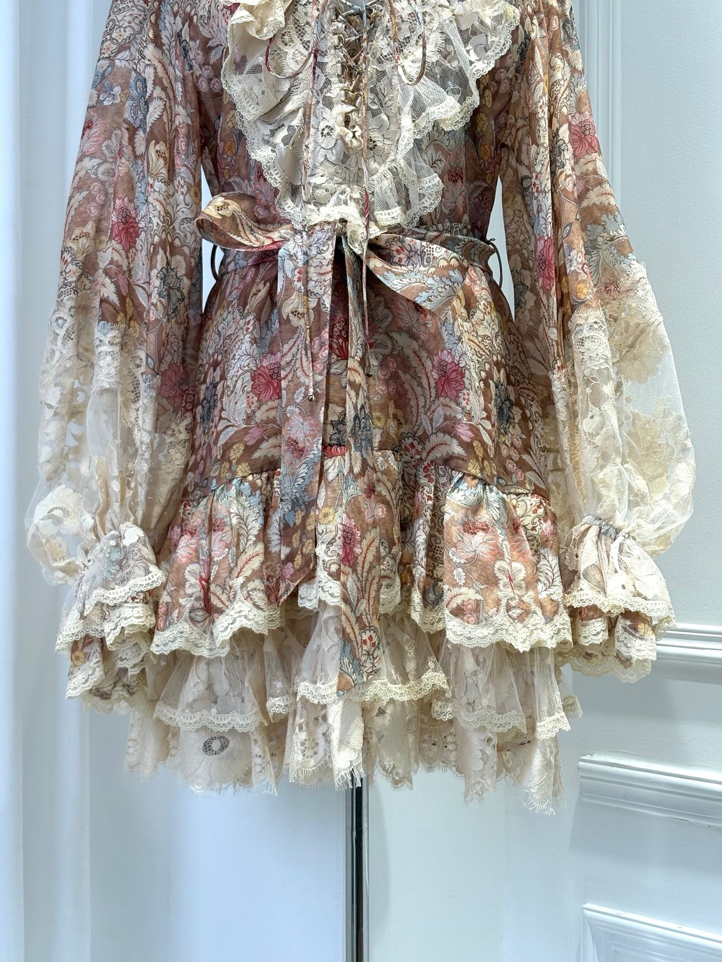 2026 women lovestahl Lovestahl Women Vintage Paisley Floral Mini Dress Lace Ruffle V Neck Lace Up Front Puff Long Sleeve Tie Waist Tiered Layer Fairy Short Dress