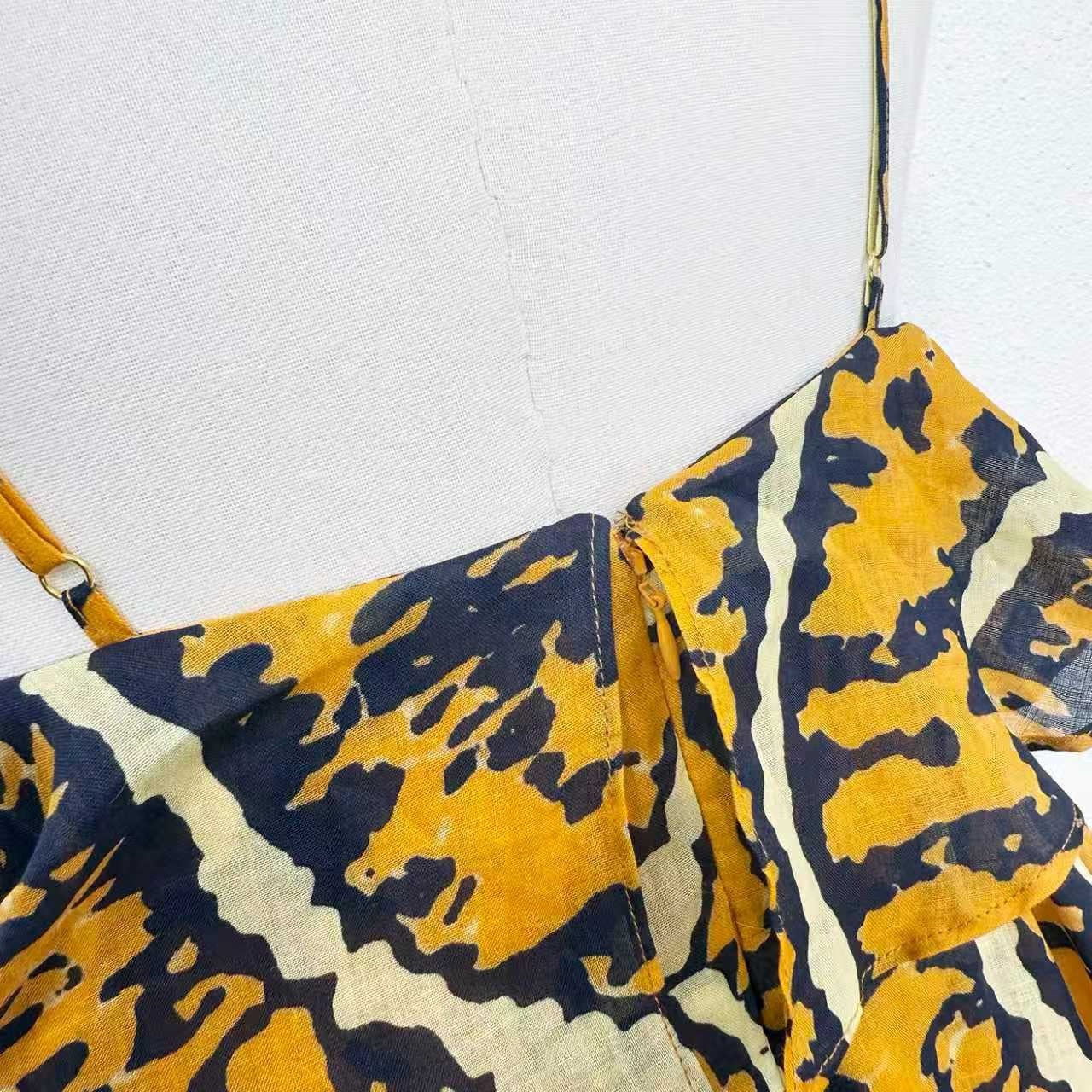 2026 women lovestahl Lovestahl Women Yellow Tiger Stripe Print Spaghetti Strap Maxi Dress Double Layer Ruffle Tiered Flowy Chiffon Long Sundress Summer Beach Vacation Boho Dress