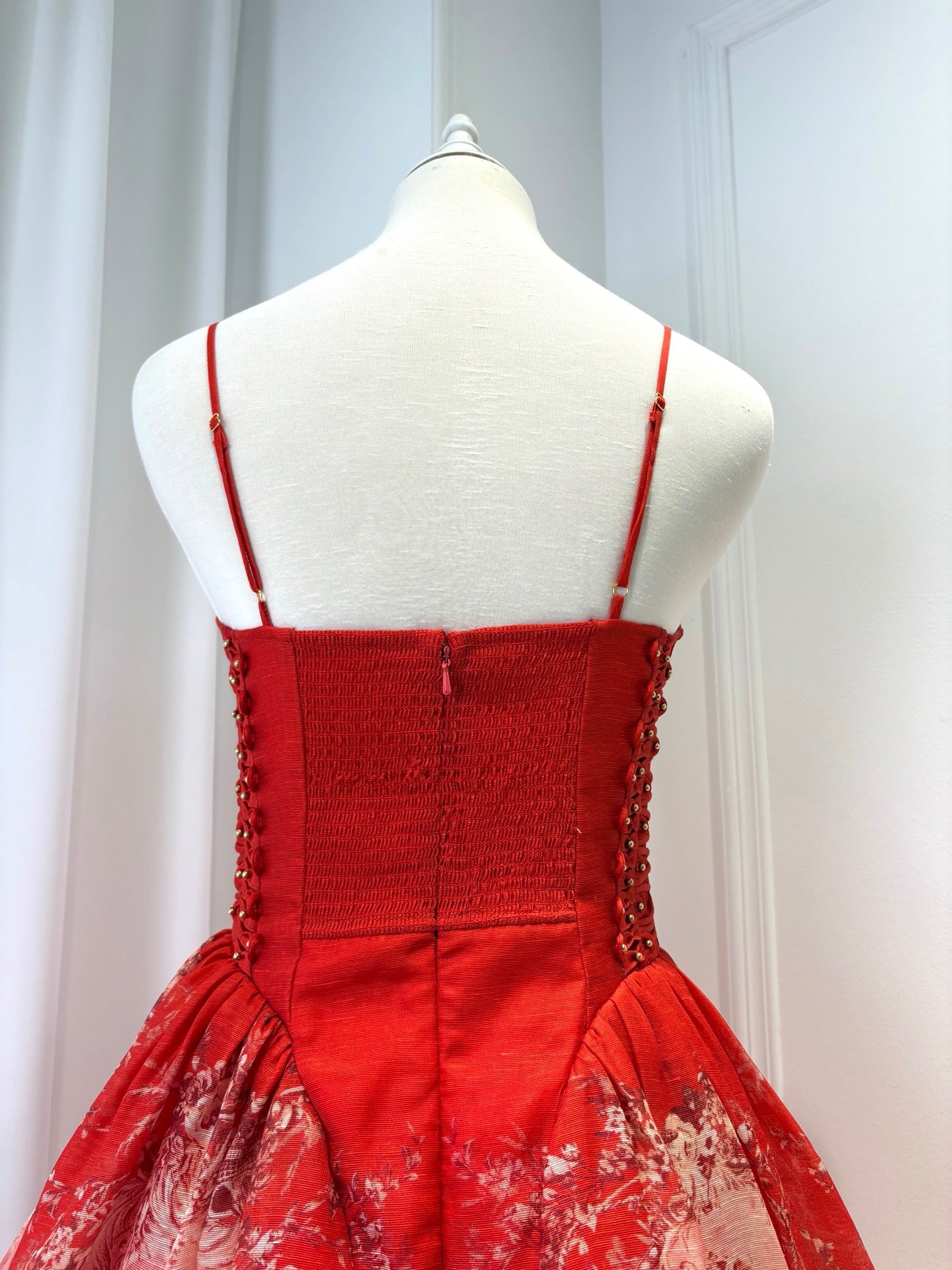 Lovestahl Women Red Floral Print Mini Party Dress Thin Spaghetti Strap Ruffle Neck Lace Up Corset Waist A Line Short Prom Dress Elegant Wedding Guest Evening Cocktail Dresses