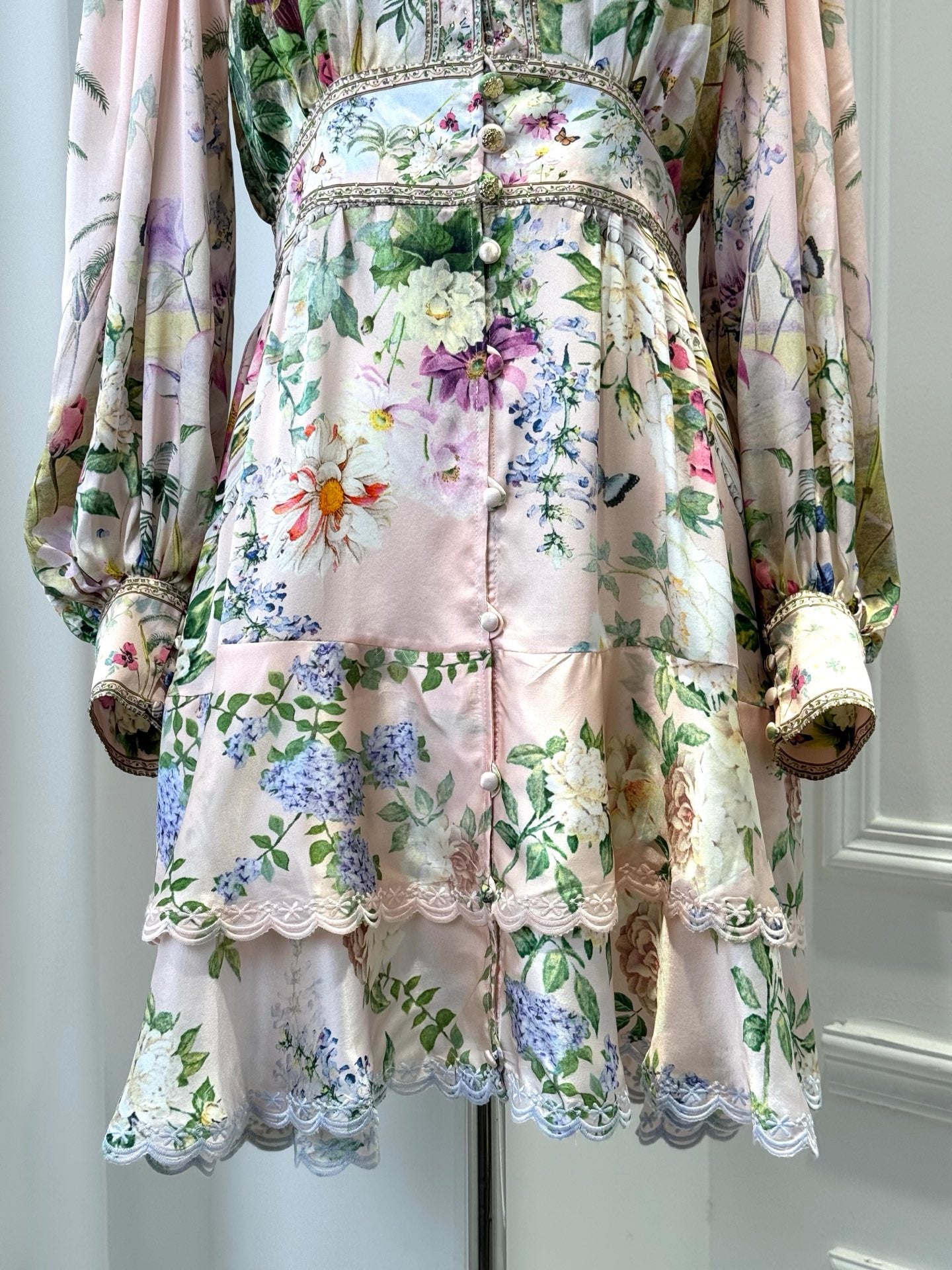 LOVESTAHL Pink Floral Print Mini Dress Women Deep V Neck Puff Long Sleeve Beaded Waist Lace Ruffle Hem Elegant Party Short Dresses