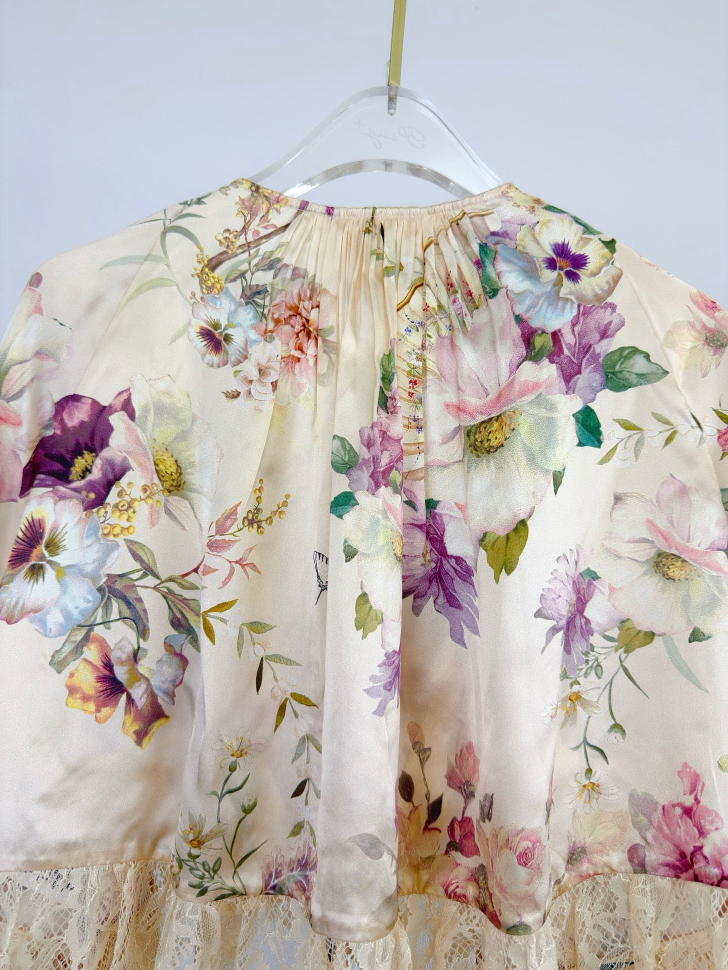 Lovestahl Runway Silk Lace Cape Blouse Batwing Waterfall Ruffle Sleeve Front Tie Heart Tassel Crystal Floral Cropped Top